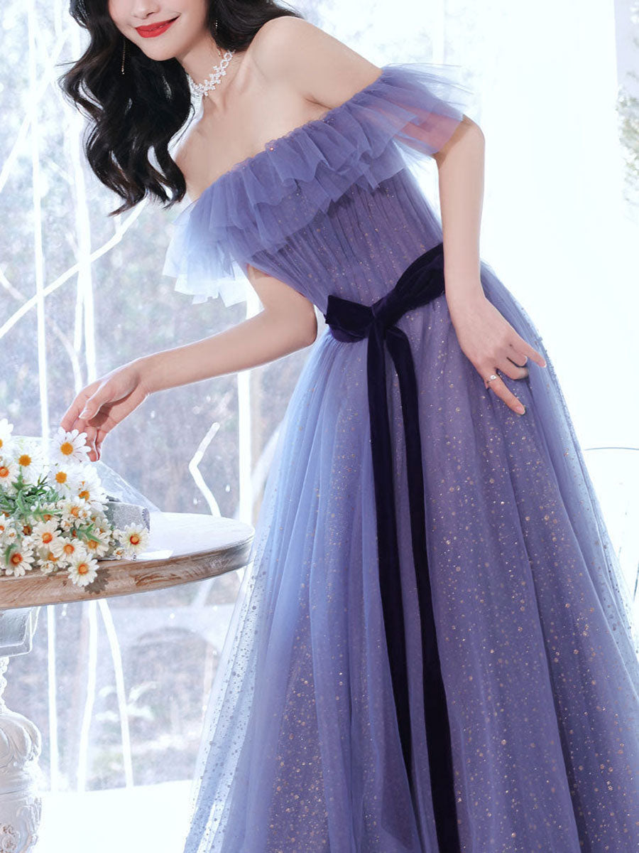 Elegant Purple A-Line Tulle Long Prom Dress - Off Shoulder Formal Gown for Graduation, Homecoming & Special Occasions
