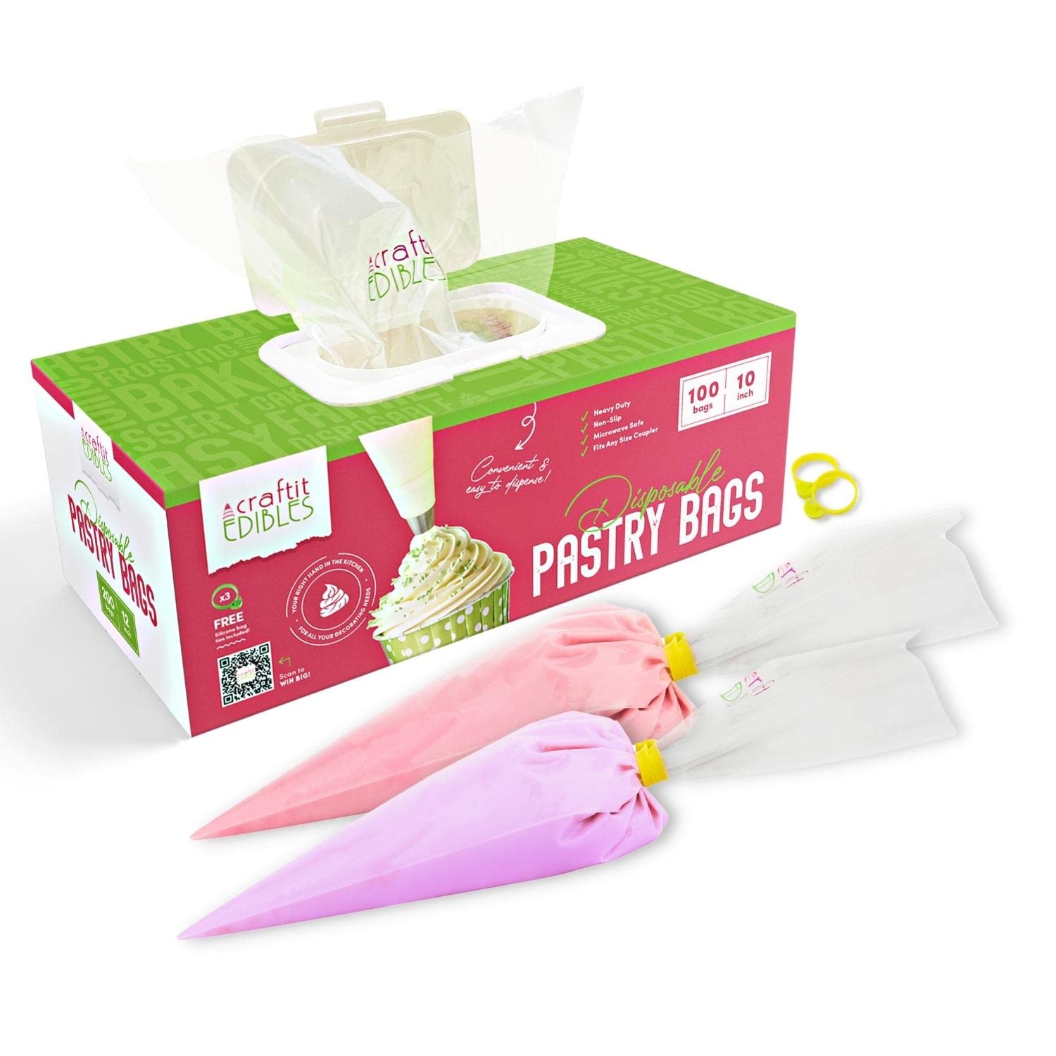 10 Inch Disposable Icing Piping Bags - 100 Pack Heavy Duty Pastry Decorating Bags with 2 Ties - Bakers Choice Microwave Safe Frosting Bags for Cake Decorating, Cupcakes & Cookie Baking Supplies