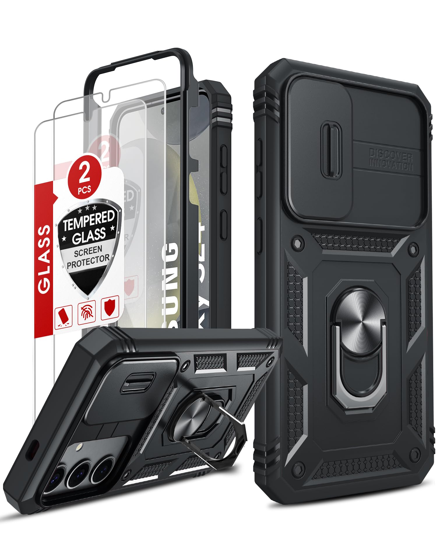 **Samsung Galaxy S24 5G Case with Camera Cover Slider – 360° Military-Grade Shockproof Protection | 2-Pack Tempered Glass Screen Protectors & Ring Stand Holder (Black) – Perfect for Outdoor Adventures & Daily Use**