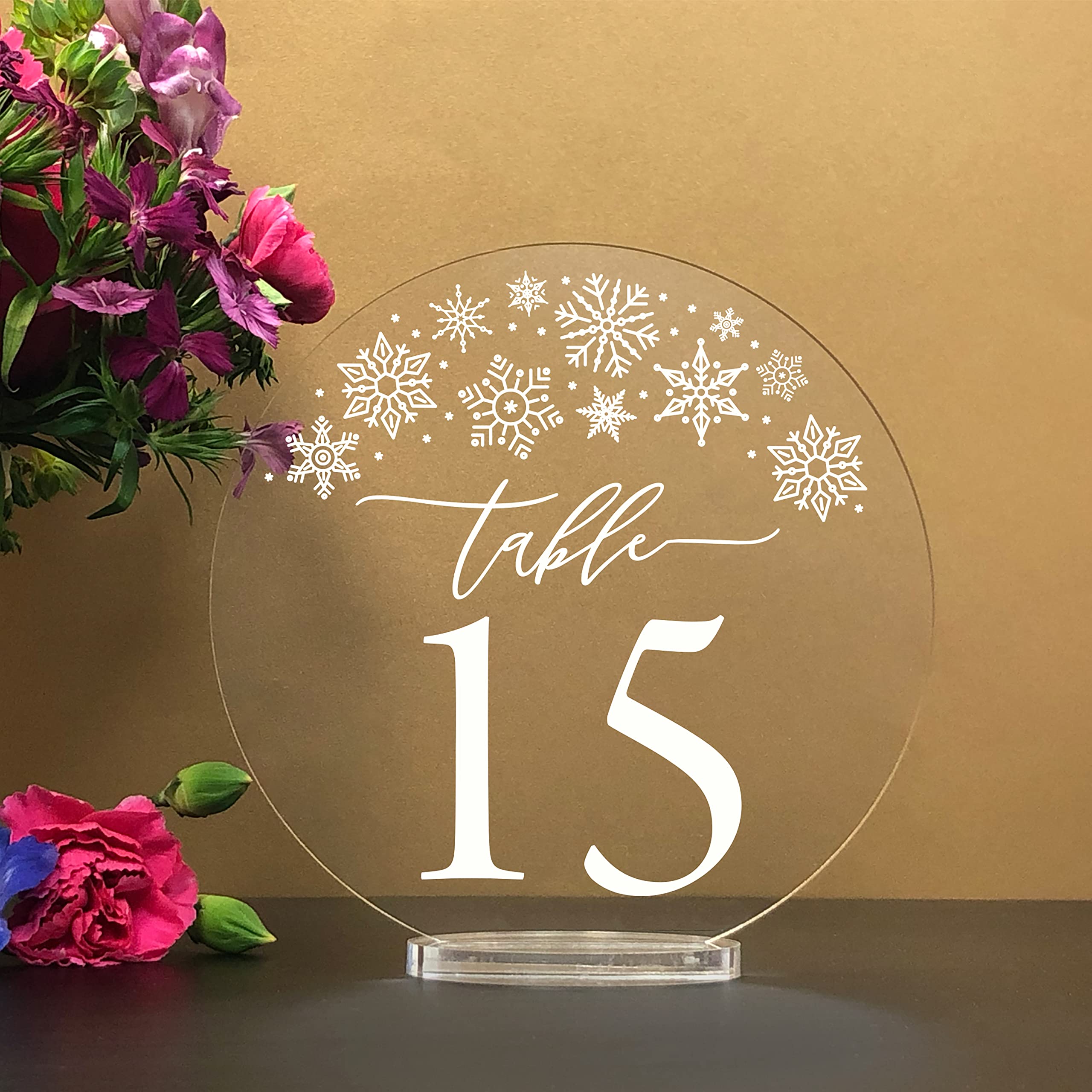 Clear Acrylic Snowflake Round Table Numbers 1-25 with Stand - Elegant Wedding, Birthday & Event Decor for Table Setting