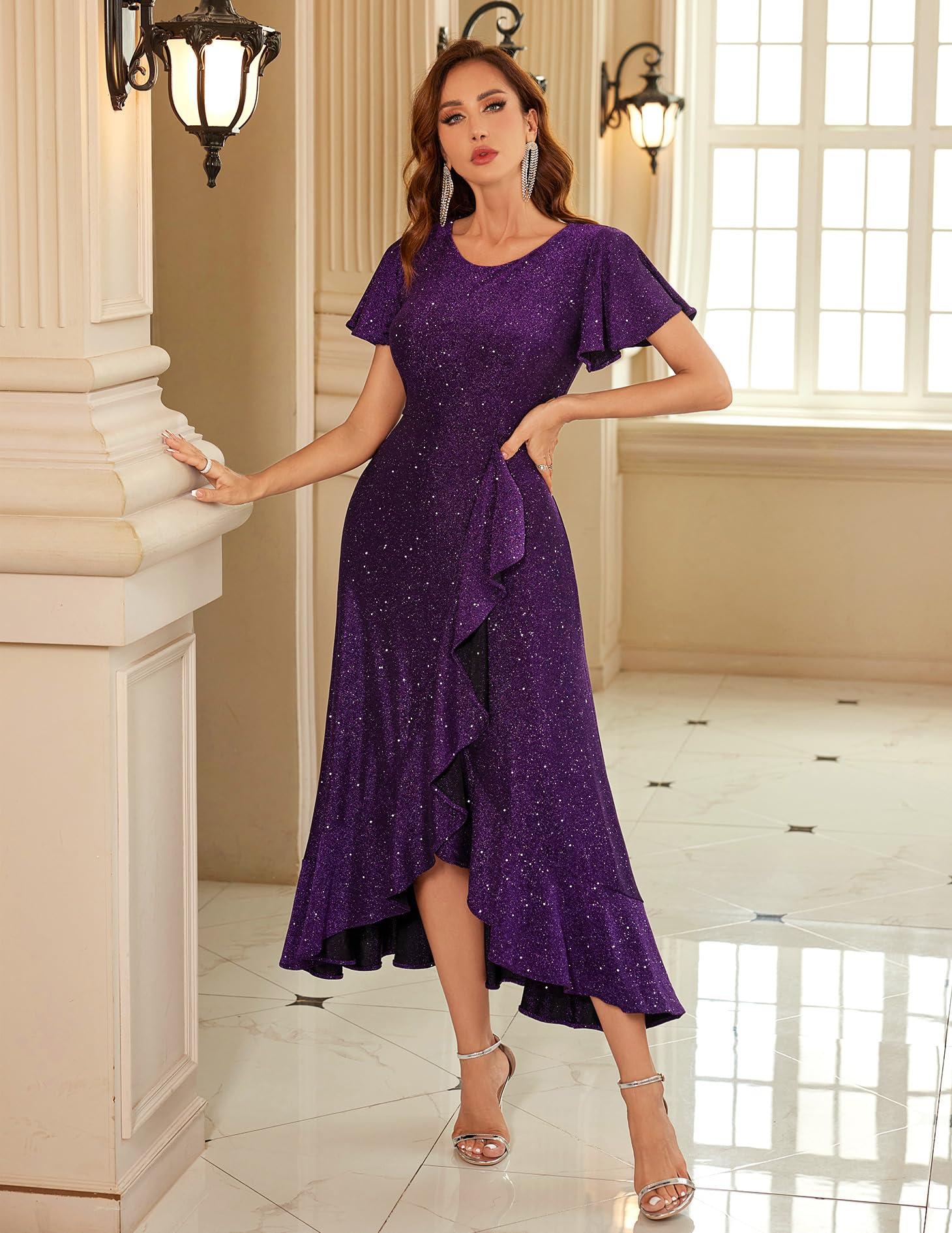 BeryLove Women's Sequin Formal Party Dress with Flutter Short Sleeves - Elegant Wedding Guest & Cocktail Evening Gown for Prom, Gala, and Special Occasions