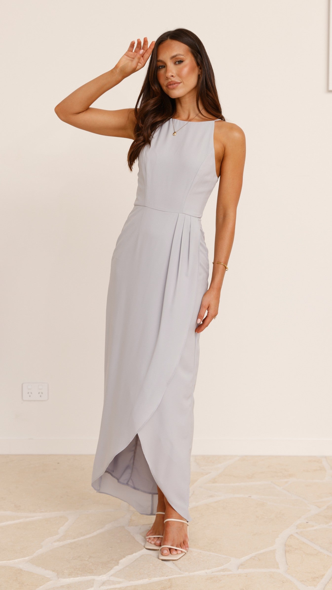 Elegant Genevieve Boat Neck Maxi Dress in Light Grey - Perfect for Summer Weddings & Beach Vacations