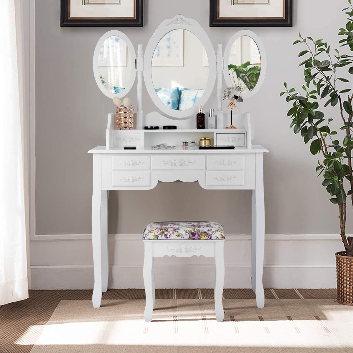LDAILY Vanity Table Set with Cushioned Stool - White Makeup Dressing Table with Tri-Folding Oval Mirror, 7 Storage Drawers & Detachable Writing Desk for Women & Girls | Perfect for Bedroom, Dressing Room & Home Beauty Station