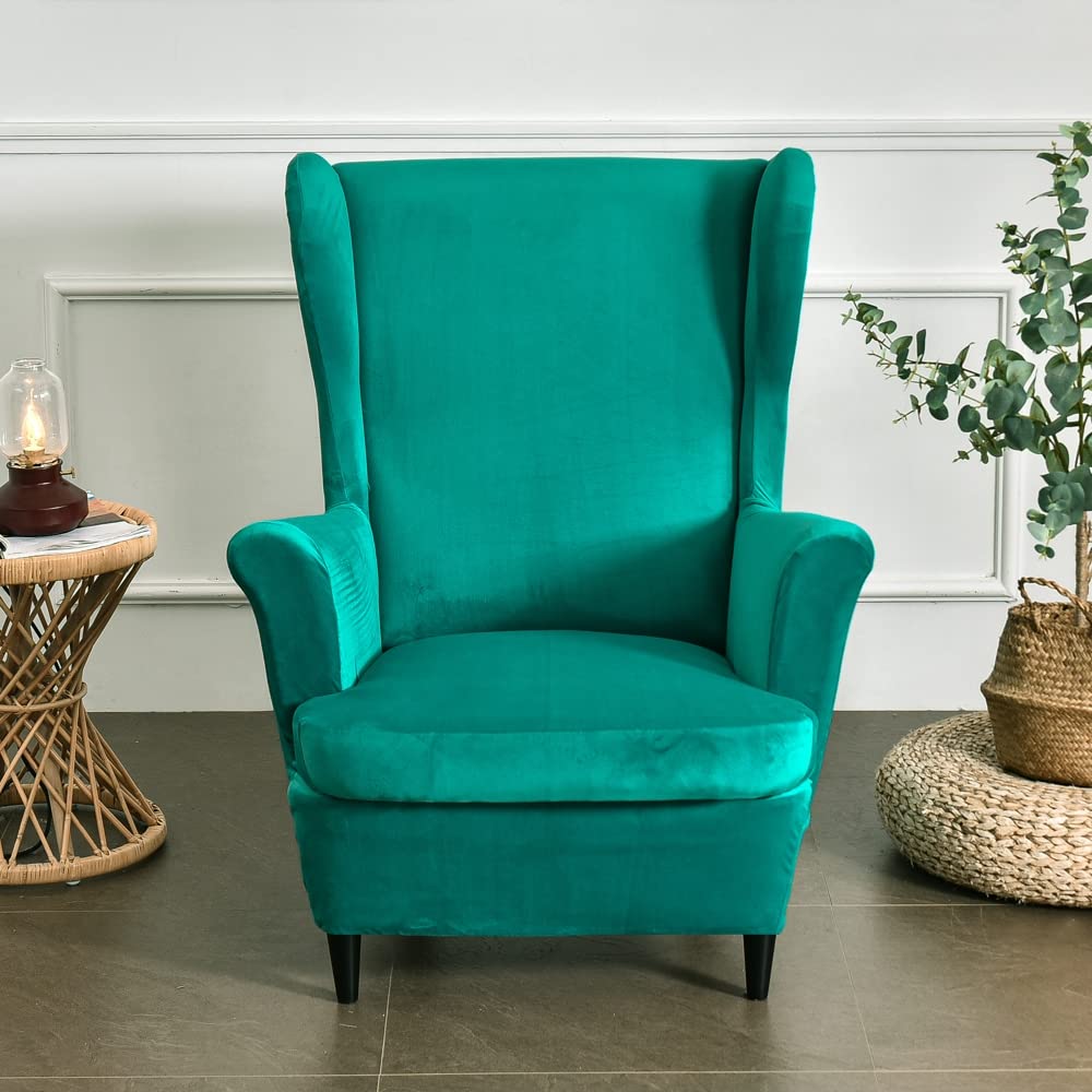 Velvet Stretch Wingback Chair Cover 2-Piece Set with Cushion Cover - Soft Washable Armchair Slipcover for Living Room & Bedroom - MIFXIN Furniture Protector (Green) | Perfect for Home Decor, Reading Nook & Cozy Spaces