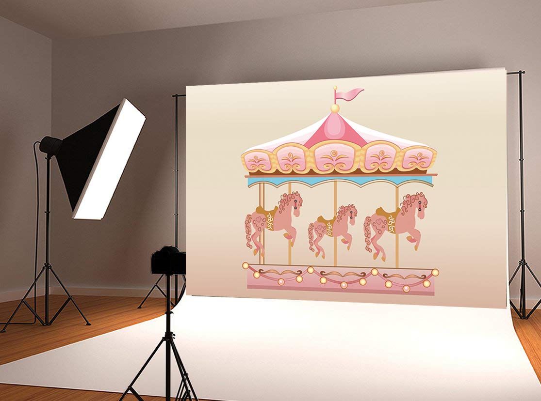 7x5ft Pink Carousel Backdrop for Baby Shower & Girls Birthday Party - Premium Photography Background for Photo Booth, Cake Smash, First Birthday, and Social Media Photos - W-2260