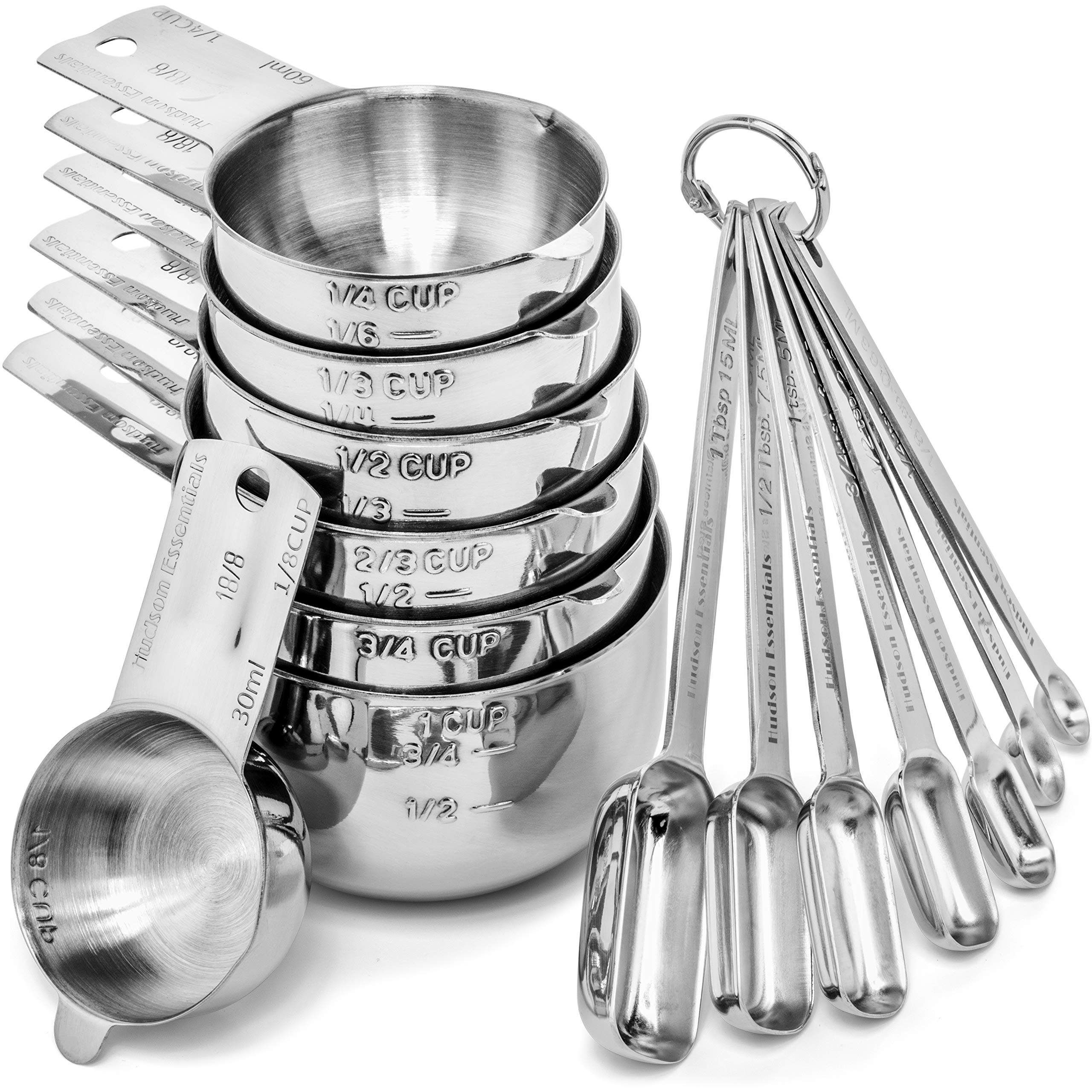 Hudson Essentials 14-Piece Stainless Steel Measuring Cups and Spoons Set - Durable Kitchen Tools for Baking, Cooking & Meal Prep - Perfect for Home Chefs & Professional Bakers