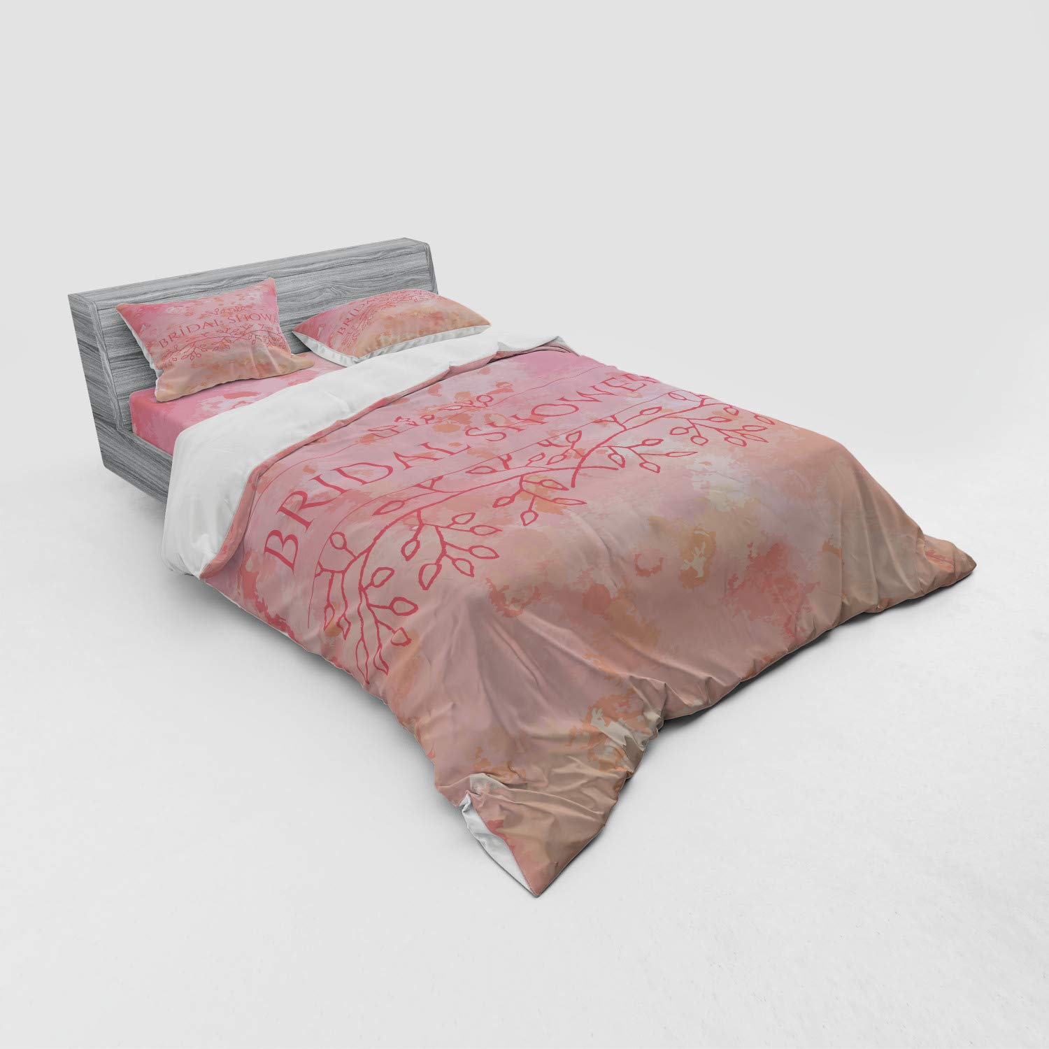 Ambesonne Floral Abstract Duvet Cover Set - 4 Piece Queen Size Bedding with Shams & Fitted Sheet in Pale Pink & Salmon - Perfect for Bridal Showers, Wedding Decor & Boho Chic Bedrooms