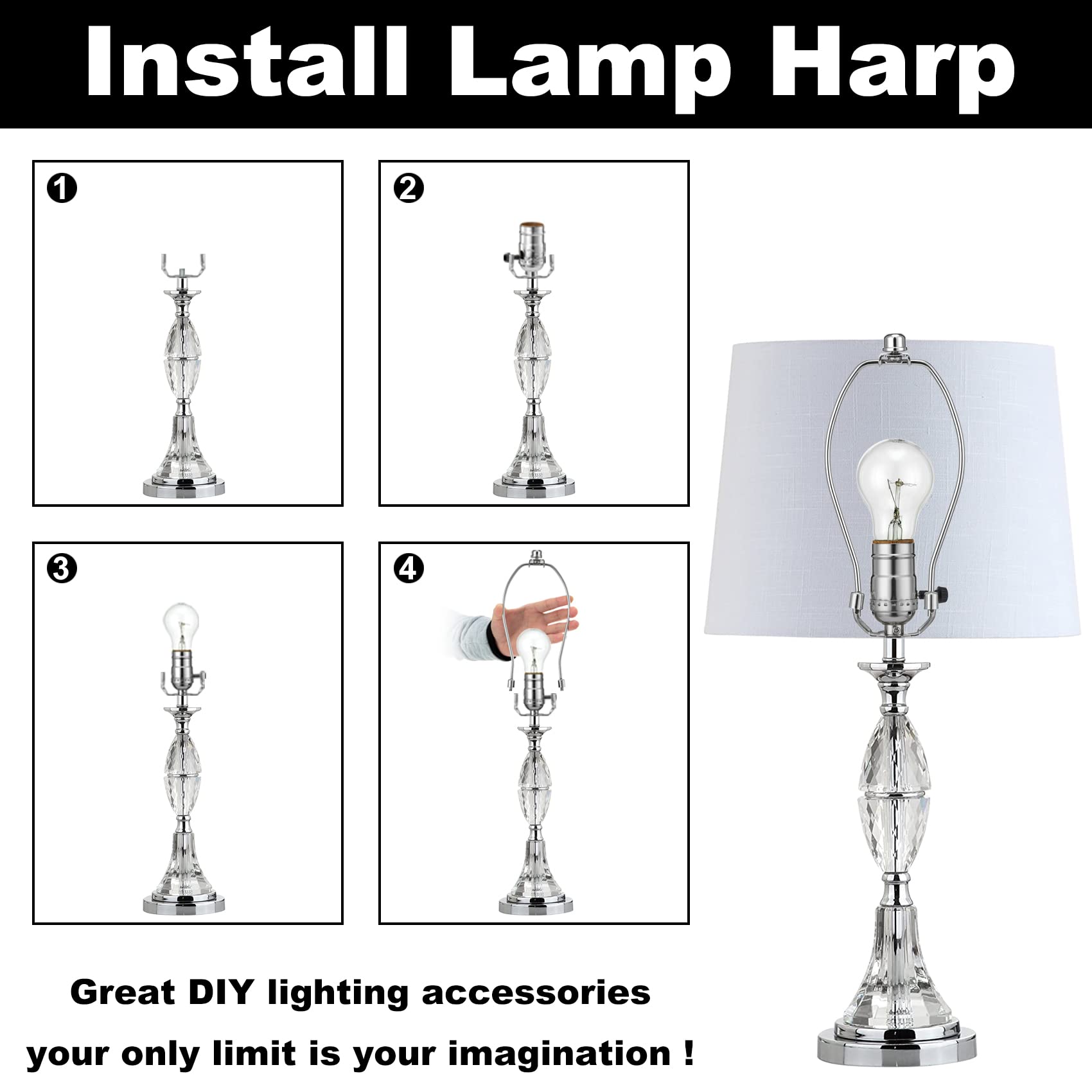 8 Inch Heavy Duty Lamp Harp Set of 2 - Silver Lamp Harp Holder with Finial Caps, 3/8 Standard Saddle & E26 Base for Table & Floor Lamps - Perfect for Living Room, Bedroom & Office Lighting Decor