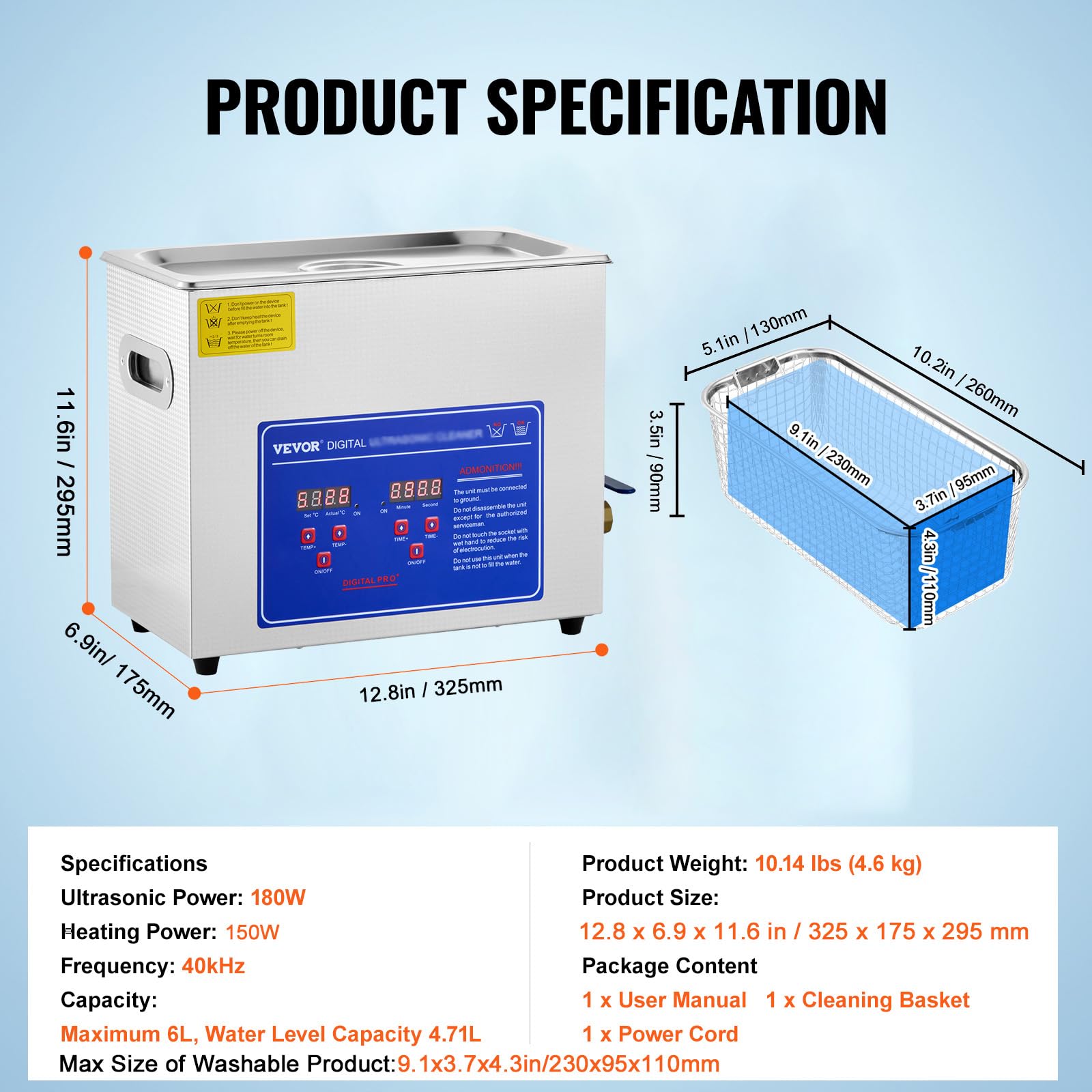VEVOR 6L Commercial Ultrasonic Cleaner with Digital Timer & Heater, 40kHz Professional Cleaning Machine for Jewelry, Watches, Industrial Parts - Perfect for Home, Lab, and Workshop Use