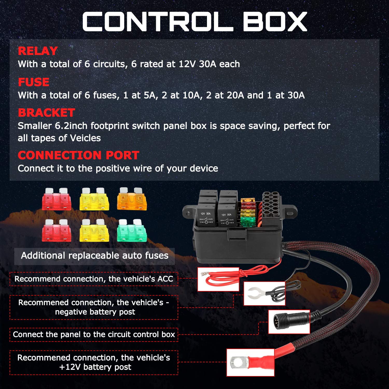OFFROADTOWN 6 Gang Universal Waterproof Switch Panel with Fuse & Auto-Dimming LED - Circuit Control Box with Electronic Relay System for Trucks, UTVs, ATVs, SUVs & Boats - Perfect for Off-Roading, Marine & Adventure Vehicles