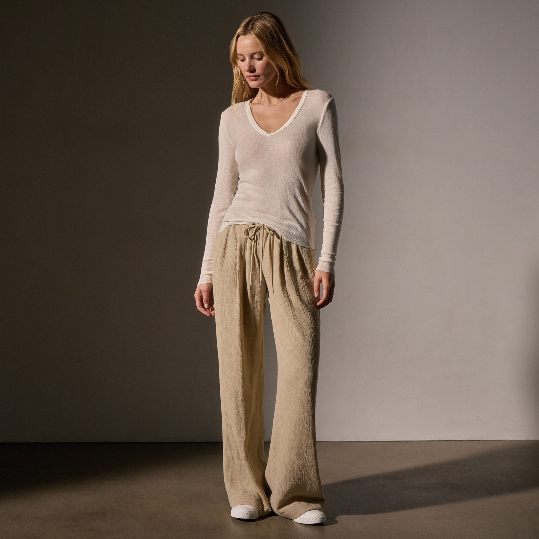 Soft Cotton Cashmere Blend Deep V Neck T-Shirt for Women - Ivory - Perfect for Casual Wear, Layering & Everyday Comfort