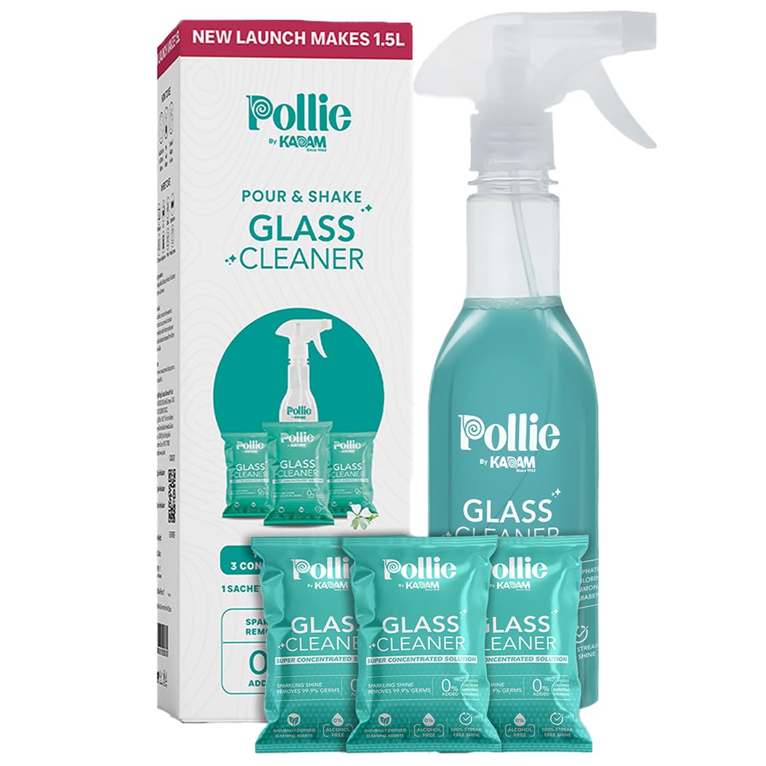 KADAM Pollie Glass Cleaner 1.5L - Empty Bottle + 3 Refill Sachets (1 Sachet Makes 500ml) | Alcohol-Free, Non-Toxic Dual Fragrance Glass Cleaner for Electronics, Screens, Cars, Windows, Kitchens & Bathrooms | Streak-Free Shine for Phones, Laptops, Mirrors & Glass Surfaces