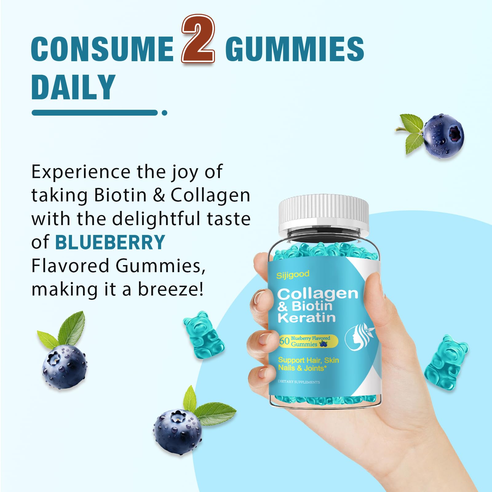 2 Pack Biotin Gummies with Collagen, Keratin & Hyaluronic Acid - Hair Growth, Skin & Nails Vitamins for Women, Men & Kids - Blueberry Flavored (120 Gummies) - Perfect for Daily Beauty & Wellness Routine