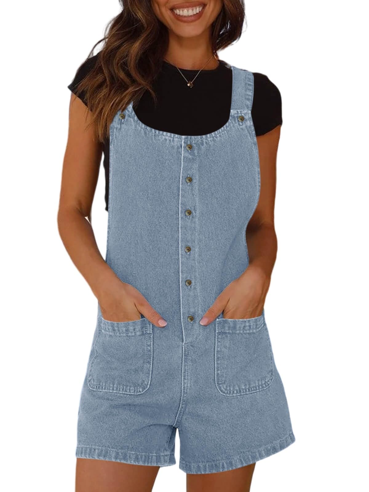 PLNOTME Women's Summer Denim Romper - Sleeveless Button Up Jean Jumpsuit with Pockets | Casual Outfit for Beach, Music Festivals & Summer Vacations