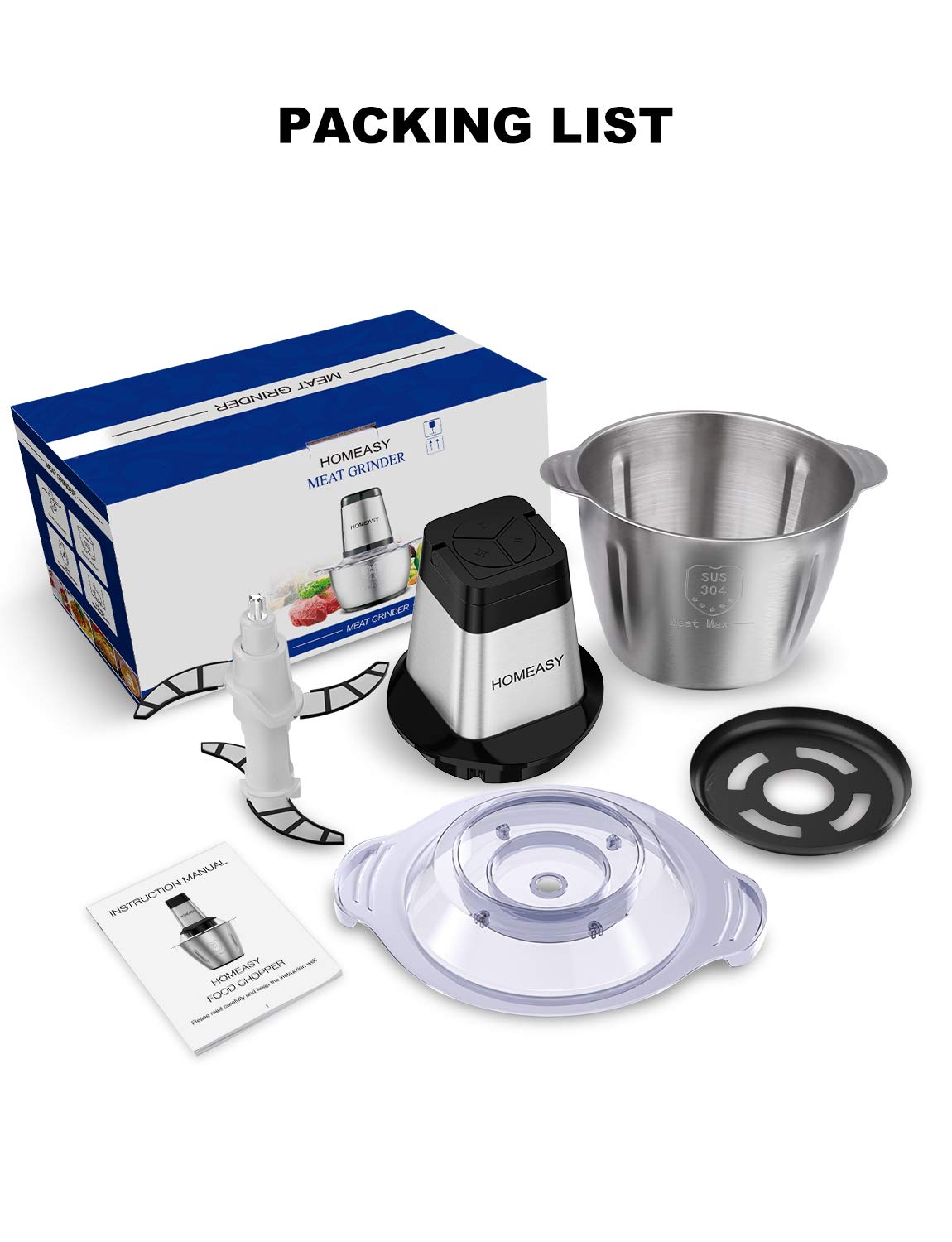 Homeasy 500W Electric Meat Grinder & Food Processor - 2.5L Stainless Steel Meat Blender with 4 Sharp Blades for Meat, Vegetables, Fruits & Nuts | Perfect for Home Kitchen, BBQ Parties & Meal Prep