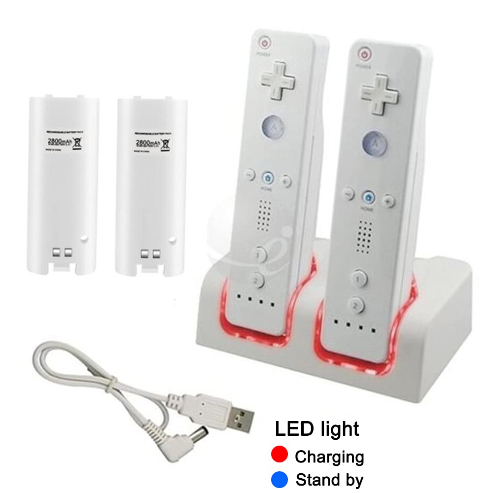 OSTENT Nintendo Wii Remote Charger Dock Station with 2 Rechargeable Battery Packs - White | Fast Charging Dock for Wii Controllers | Perfect for Gaming Sessions & Multiplayer Parties
