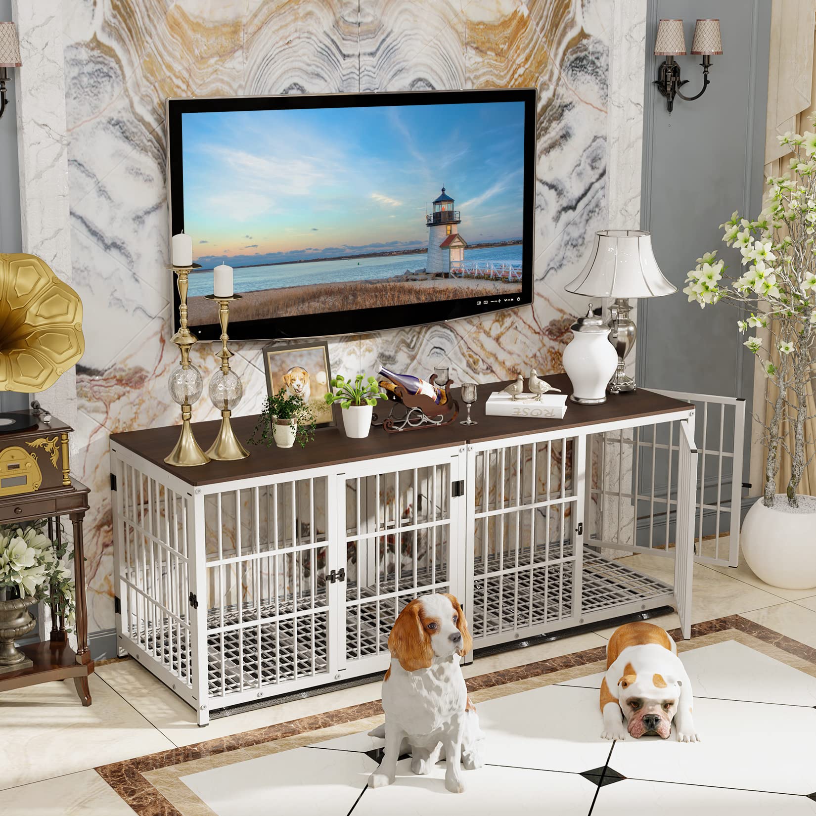 Heavy Duty 36-Inch Large Dog Crate Furniture - Wooden Metal Wire Kennel with 3 Doors & Removable Tray - Indoor Training Playpen for Medium to Large Dogs - White | Perfect for Living Room, Bedroom, or Office Decoration & Pet Safety