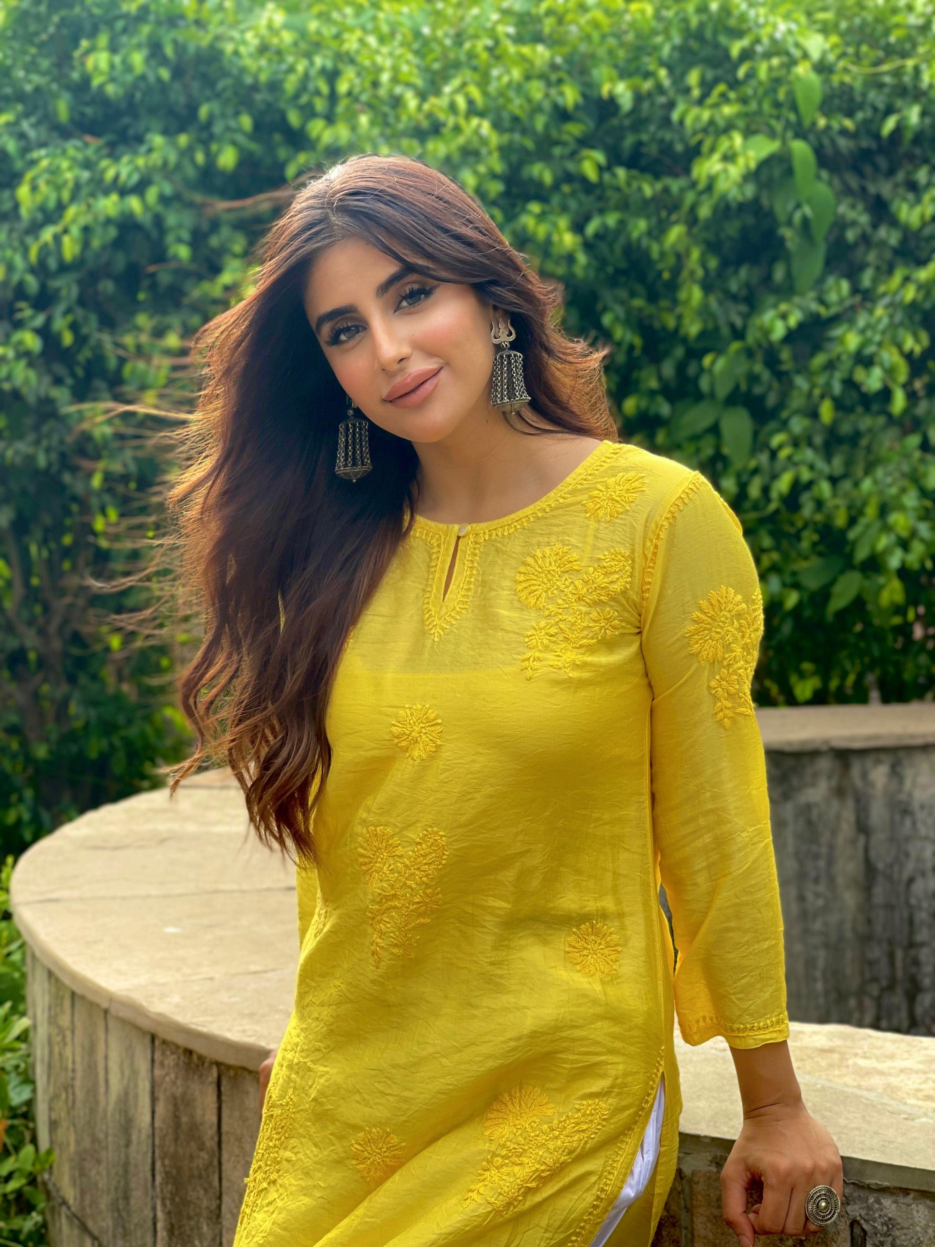 House of Kari Miesha Women's Chanderi Silk Long Kurta in Yellow | Elegant Indian Ethnic Wear for Parties & Festivals