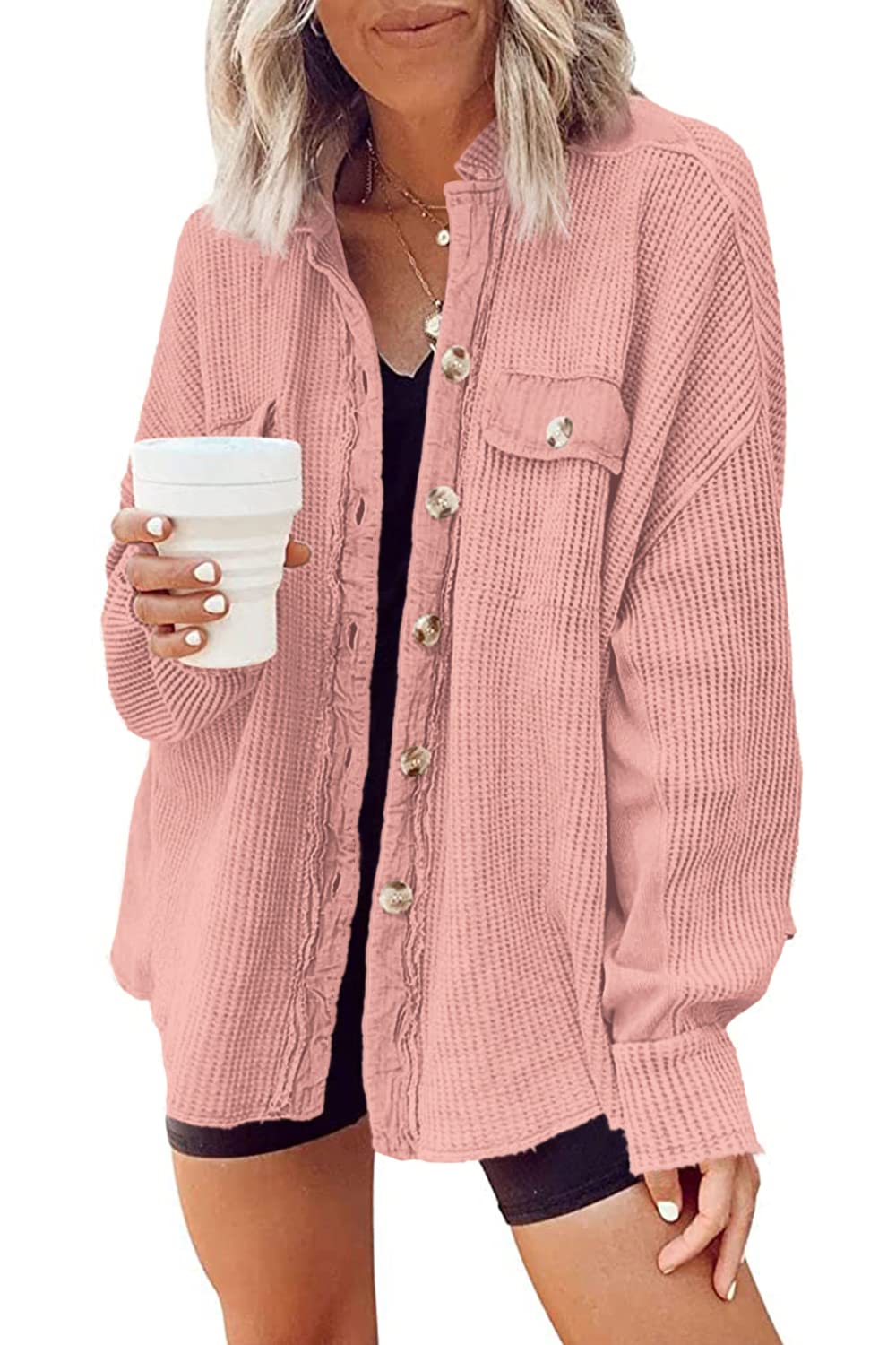 Yanekop Women's Waffle Knit Button Down Shirt Jacket - Oversized Long Sleeve Shacket for Casual & Trendy Outfits 2025 | Perfect for Fall Layering, Coffee Dates & Weekend Getaways