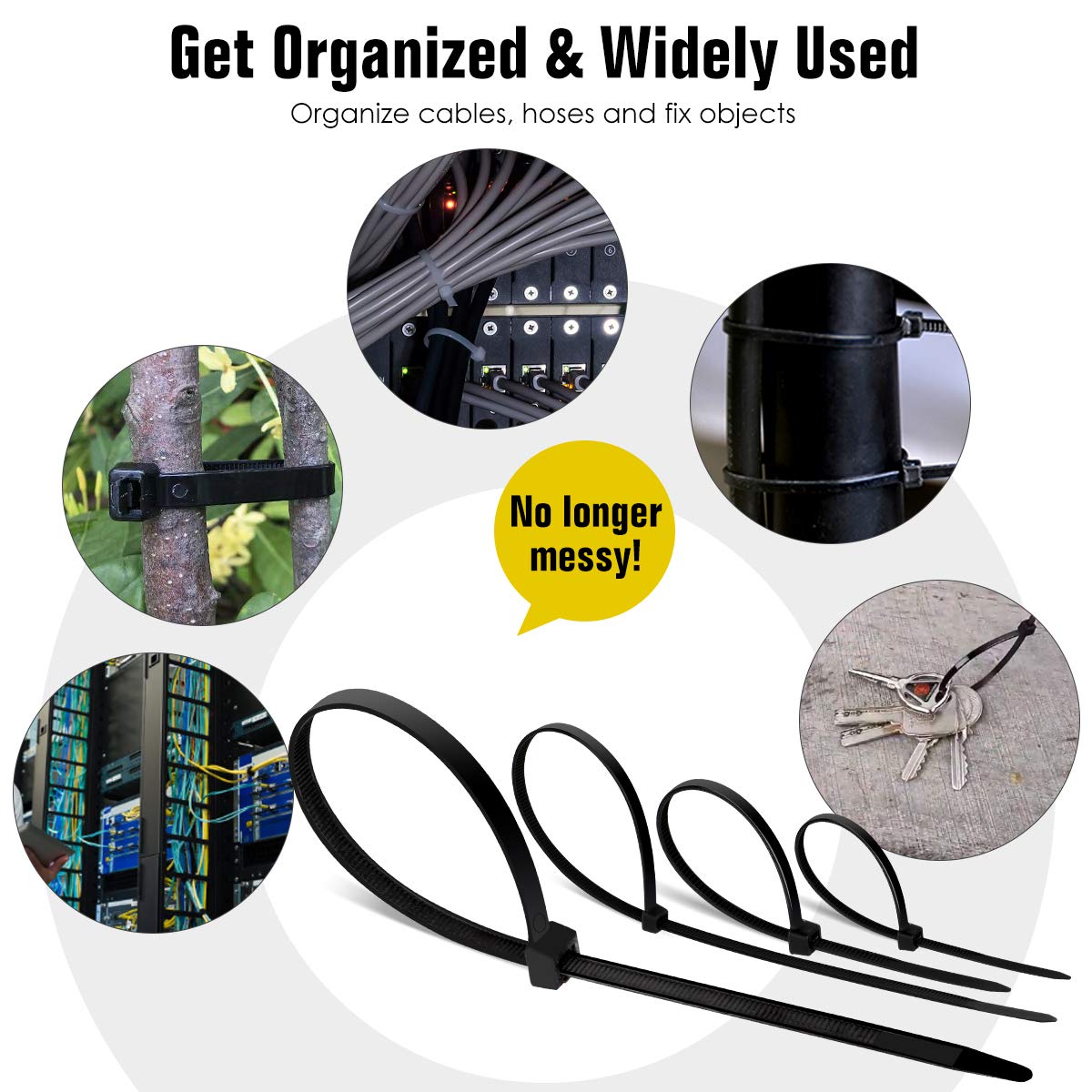 Hannord 100-Pack UV Resistant Nylon Cable Zip Ties - Self-Locking 3.6mm x 300mm/250mm/200mm/150mm Black Multipurpose Wire Ties - Perfect for Organizing Cables, DIY Projects, Home & Office Use