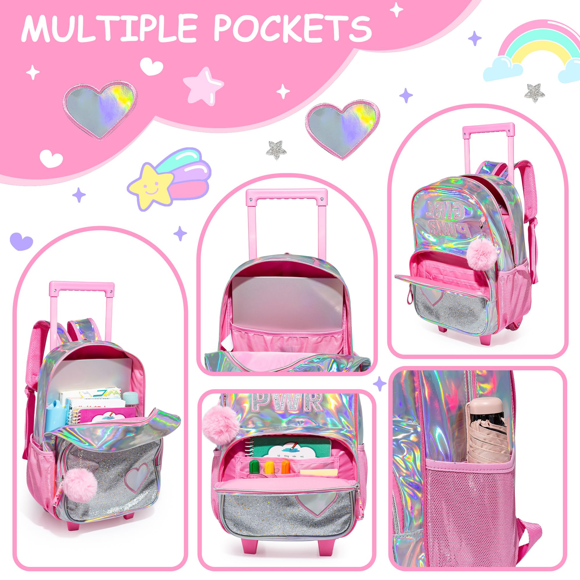 **Rolling Backpack for Girls - Kids Wheeled Backpack with Lunch Bag for Elementary & Kindergarten - Durable Carry-On Luggage for School, Travel & Daily Use**
