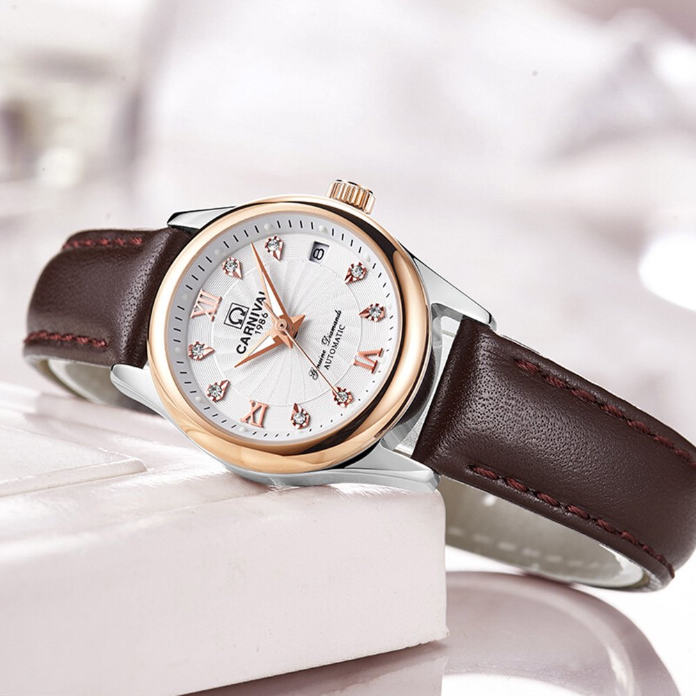 Luxury Women's Automatic Mechanical Watch with Luminous Hands, Calendar, Diamond Accents & Waterproof Leather Strap - Rose Gold & Brown | Perfect for Business, Party & Everyday Wear