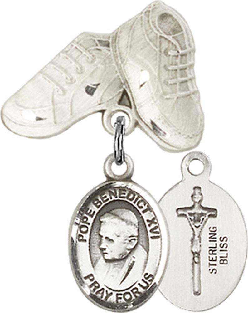 Sterling Silver Baby Badge with Pope Benedict XVI Charm & Baby Boots Pin - Handmade in USA | Religious Jewelry for Christening, Baptism & First Communion Gifts