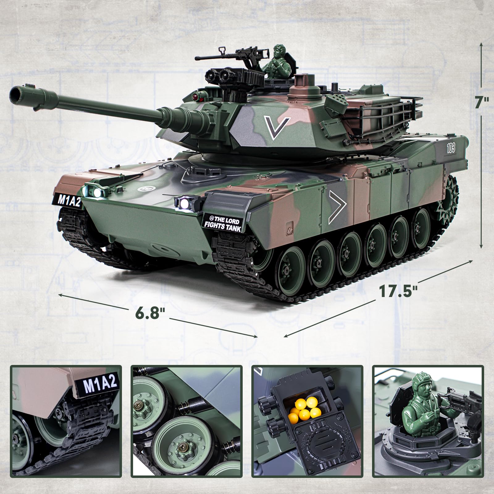 1:18 Scale RC M1A2 Abrams Battle Tank - 2.4Ghz Remote Control Military Toy with Smoke, Light & Sound Effects, 15 Channels, BBS/Water Bomb Launcher - Realistic Army Tank Model for Adults & Kids | Indoor/Outdoor Play, Collection Display, War Simulation Games