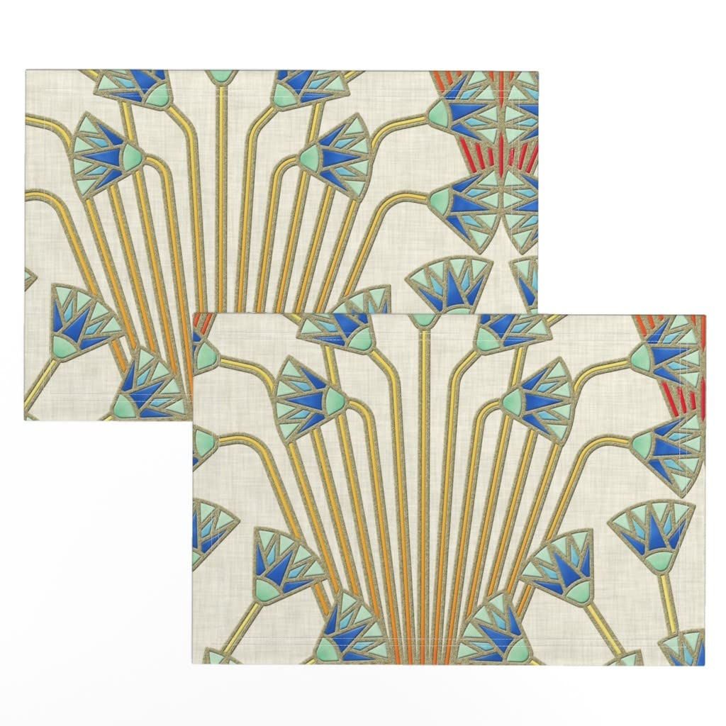 Premium Linen Cotton Canvas Placemats Set of 2 - Floral Light Art Deco & Egyptian Vintage Print Table Mats for Dining Room Decor | Washable & Durable Kitchen Tableware for Parties & Everyday Use