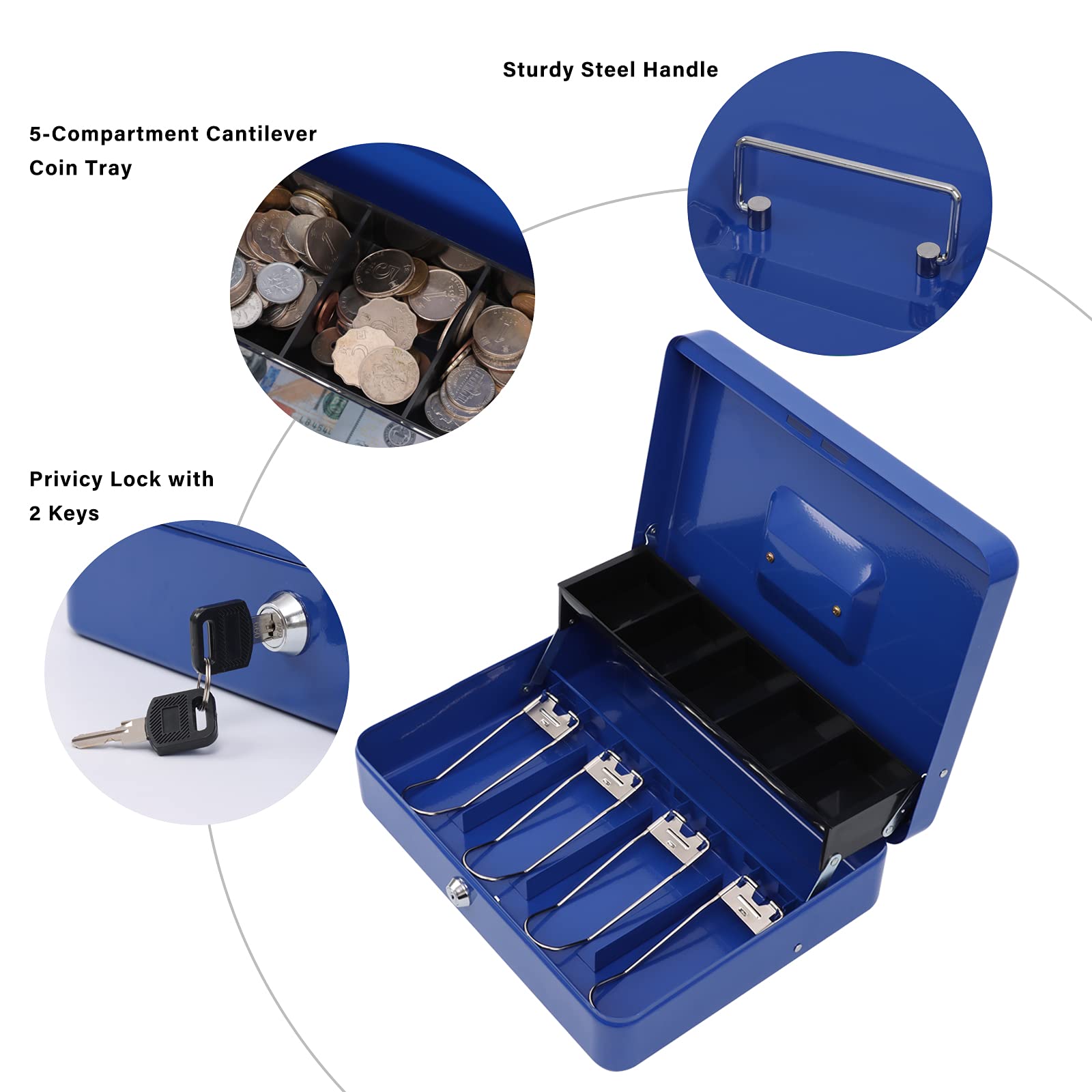 XYDLED Metal Cash Box with Money Tray & Key Lock - Secure Storage Box with 4 Bill & 5 Coin Slots - 11.8