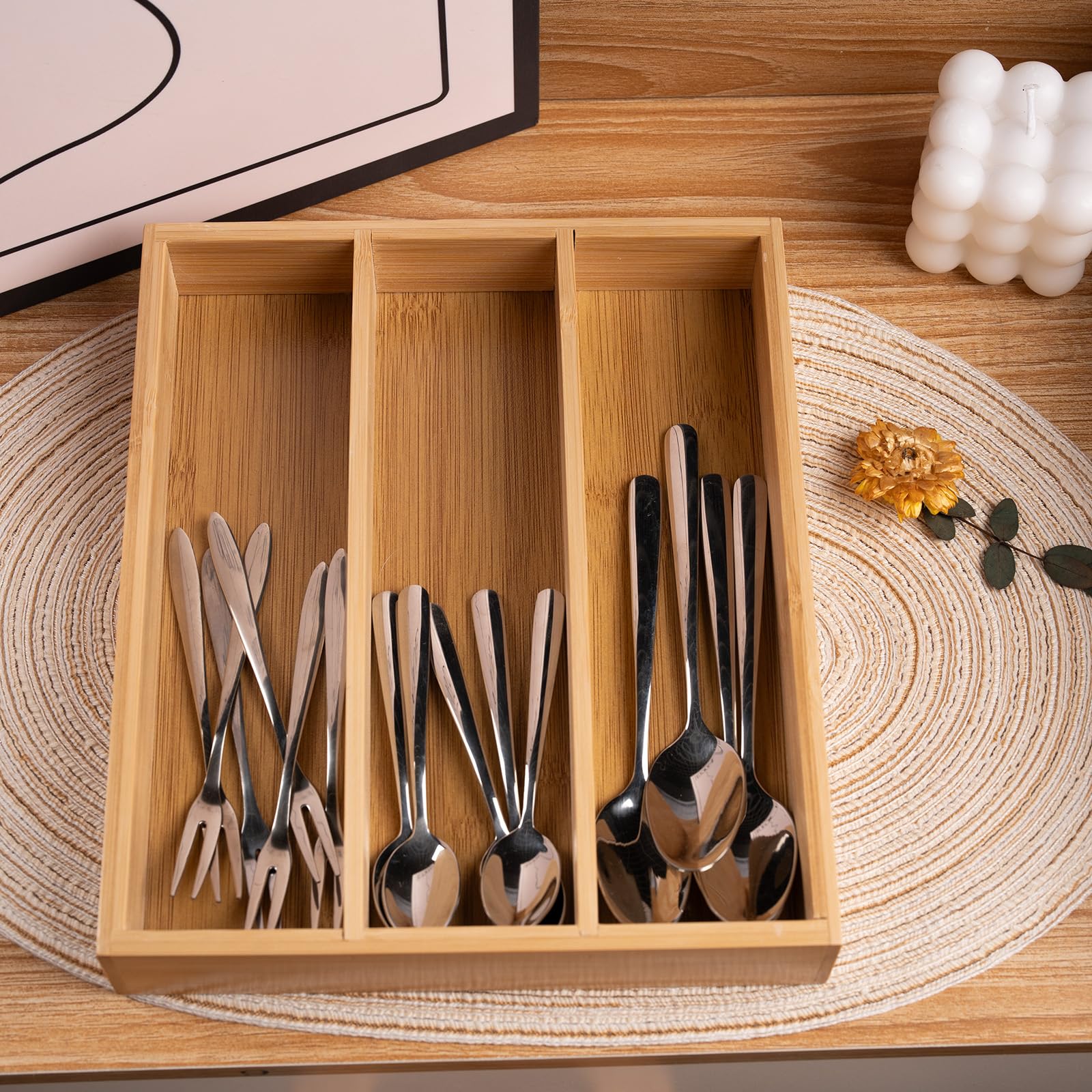 Bamboo Silverware Organizer Tray - Kitchen Drawer & Utensil Organizer for Flatware, Spoons, Forks (Natural Wood) - Perfect for Home, Restaurant & Office Kitchen Organization