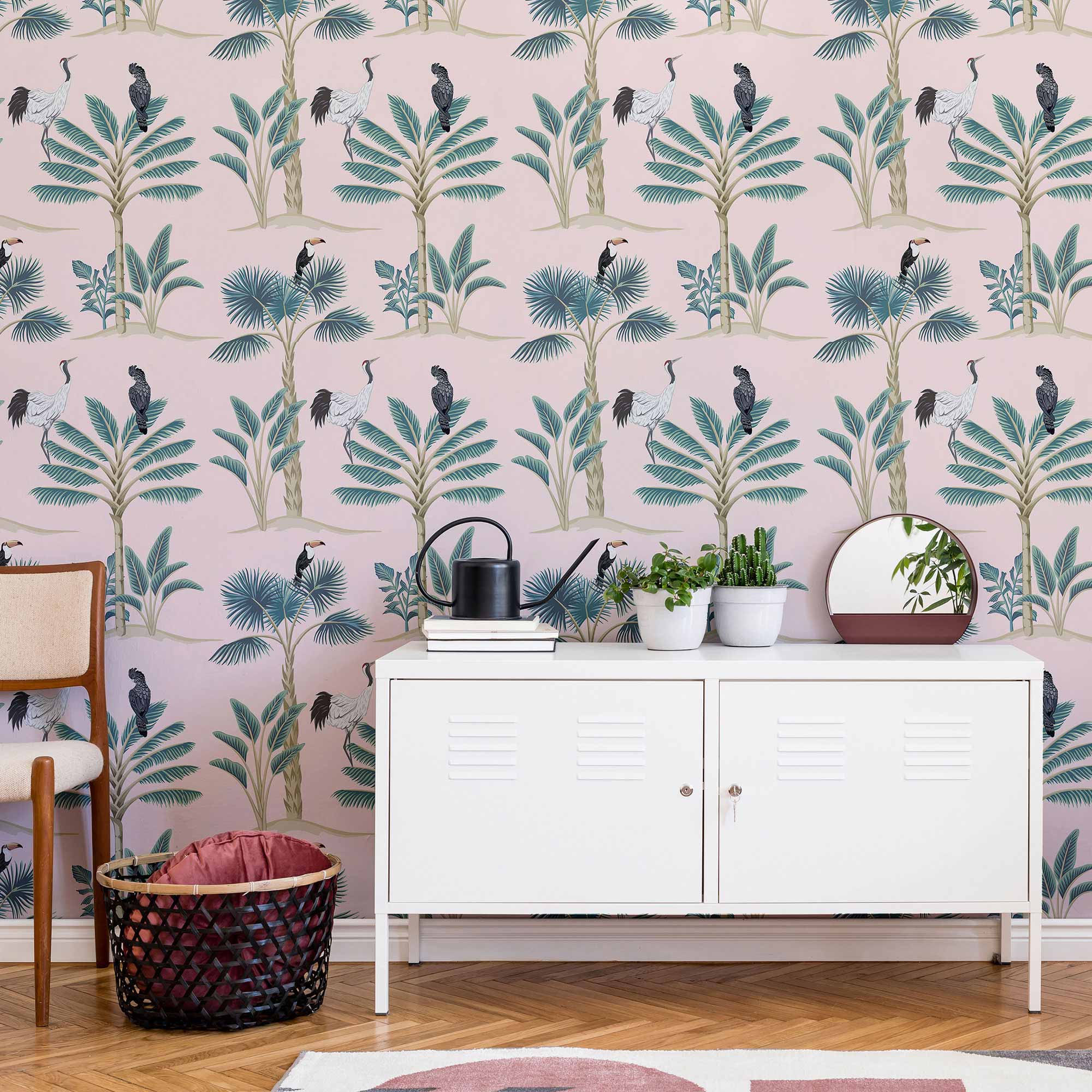 Pink Birds Peel and Stick Removable Wallpaper 6628 - Self-Adhesive Decorative Wall Covering for Bedroom, Nursery, or Office Decor