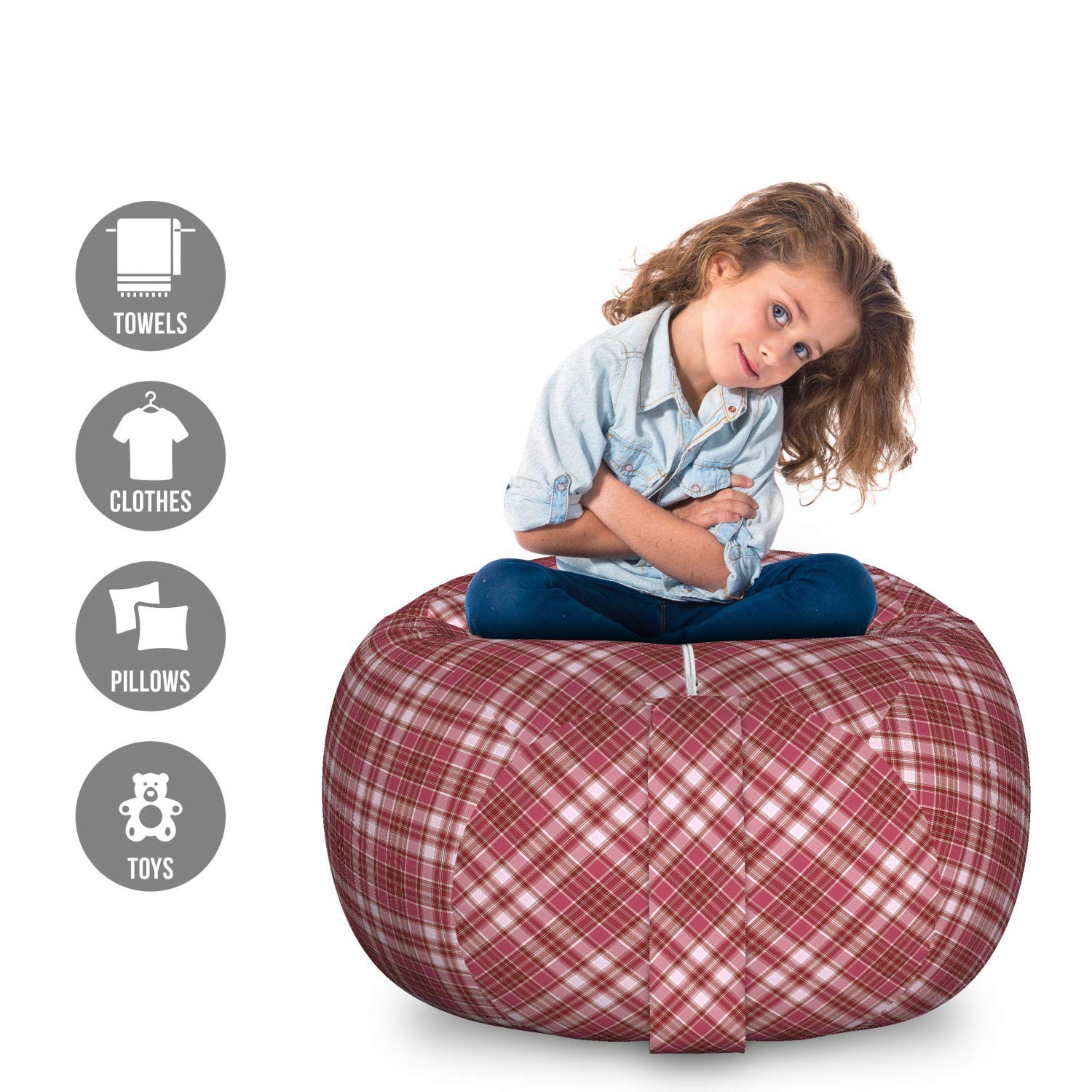 Ambesonne Checkered Toy Storage Bag Chair - Large Washable Stuffed Animal Organizer with Diagonal Rose Pattern | Kids Room Decor, Playroom Organization, Pet Bed Alternative
