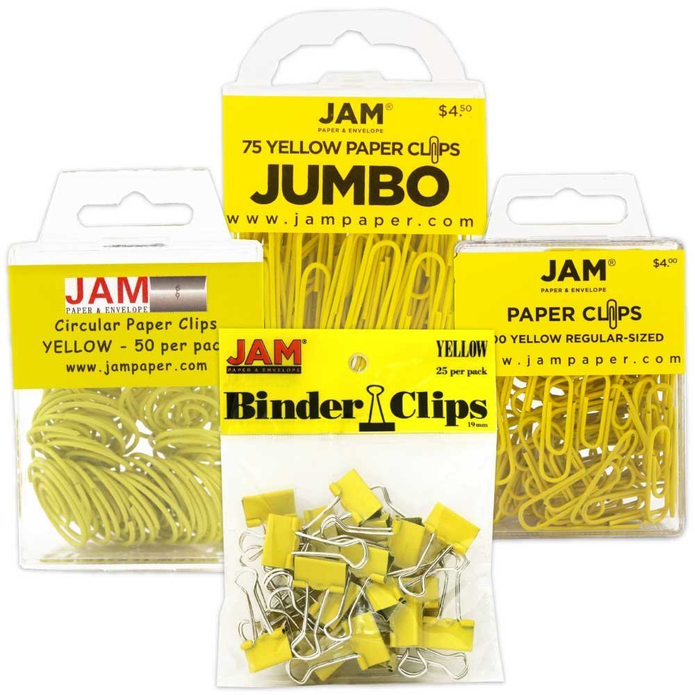 JAM PAPER Office Clip Assortment - 4-Piece Set with Binder Clips, Round Paper Clips & Regular/Jumbo Paper Clips in Yellow - Perfect for Organizing Documents, School Supplies & Office Work