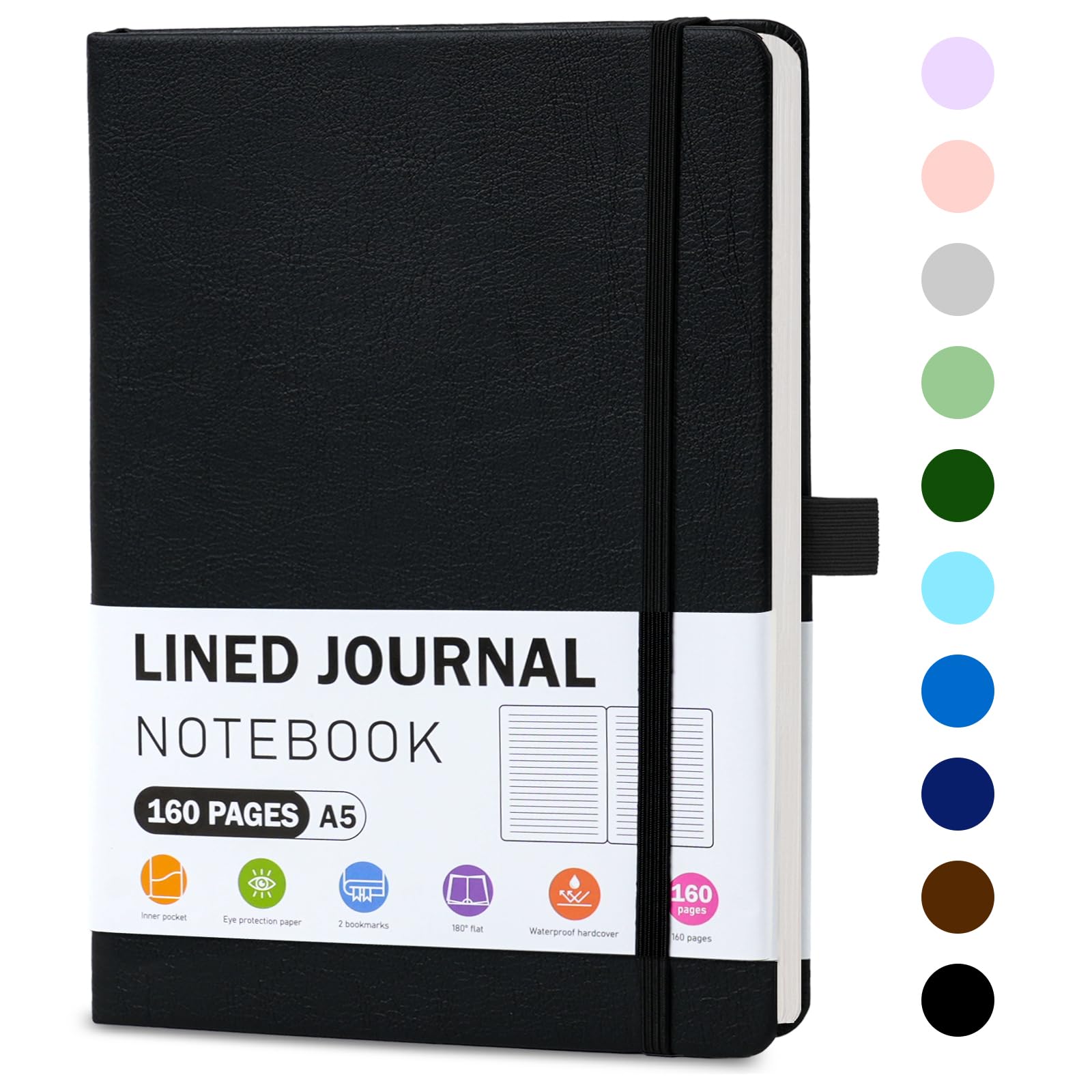 EOOUT Premium Lined Journal Notebook - 160 Pages A5 Leather Hardcover Writing Notebook with 100gsm Thick Paper & Pen Loop - Perfect for Journaling, Work, School, Office & Travel - 5.7 x 8.3 Inches (Black) - Ideal Gift for Women & Men