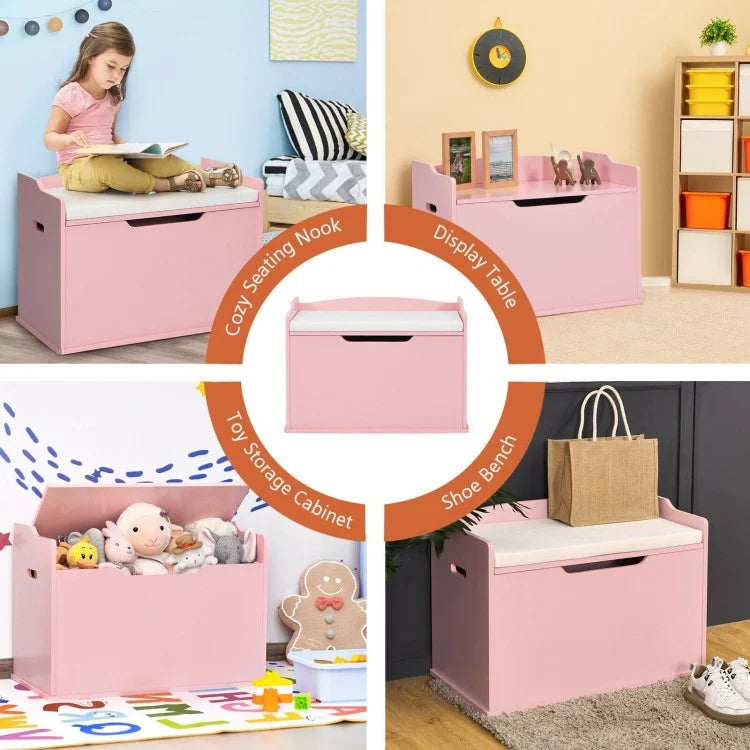 Wooden Flip Top Storage Box with Cushion - Kids Toy Chest Bench with Hinge in Pink | Perfect for Nursery, Playroom & Bedroom Organization
