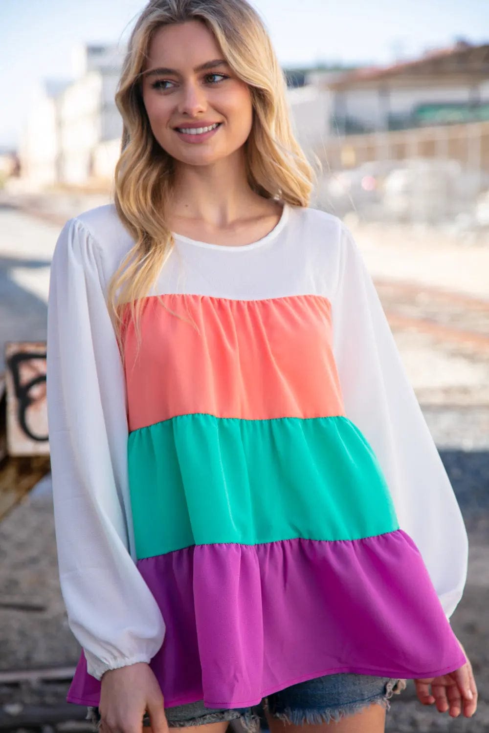 Ivory & Peach Woven Crepe Tiered Blouse for Women - Elegant Flowy Boho Top for Casual Outings & Date Nights