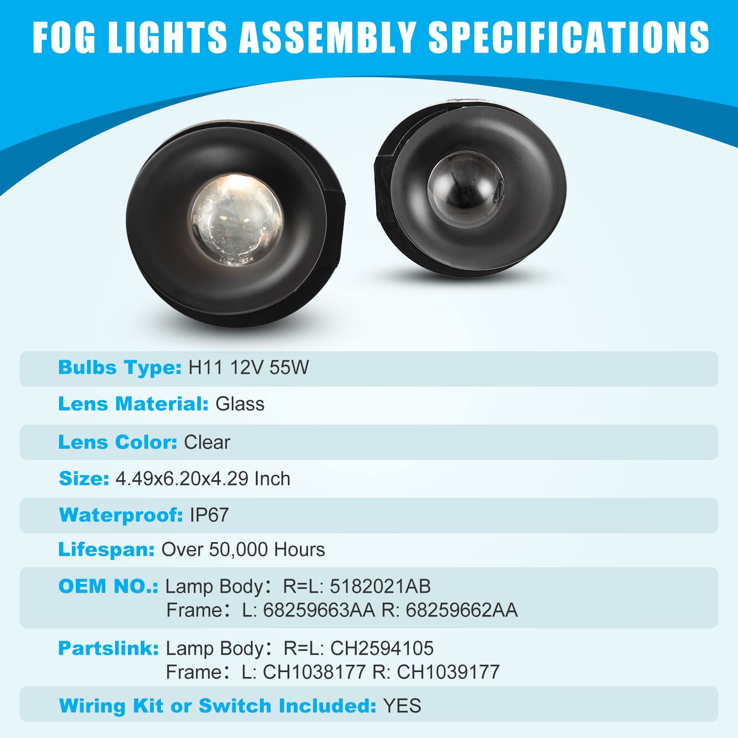 CPW Fog Lights Assembly Replacement Kit for Dodge Challenger 2015-2020 - Includes Lamps, Switch & Wiring Harness | Perfect for Night Driving & Off-Road Adventures