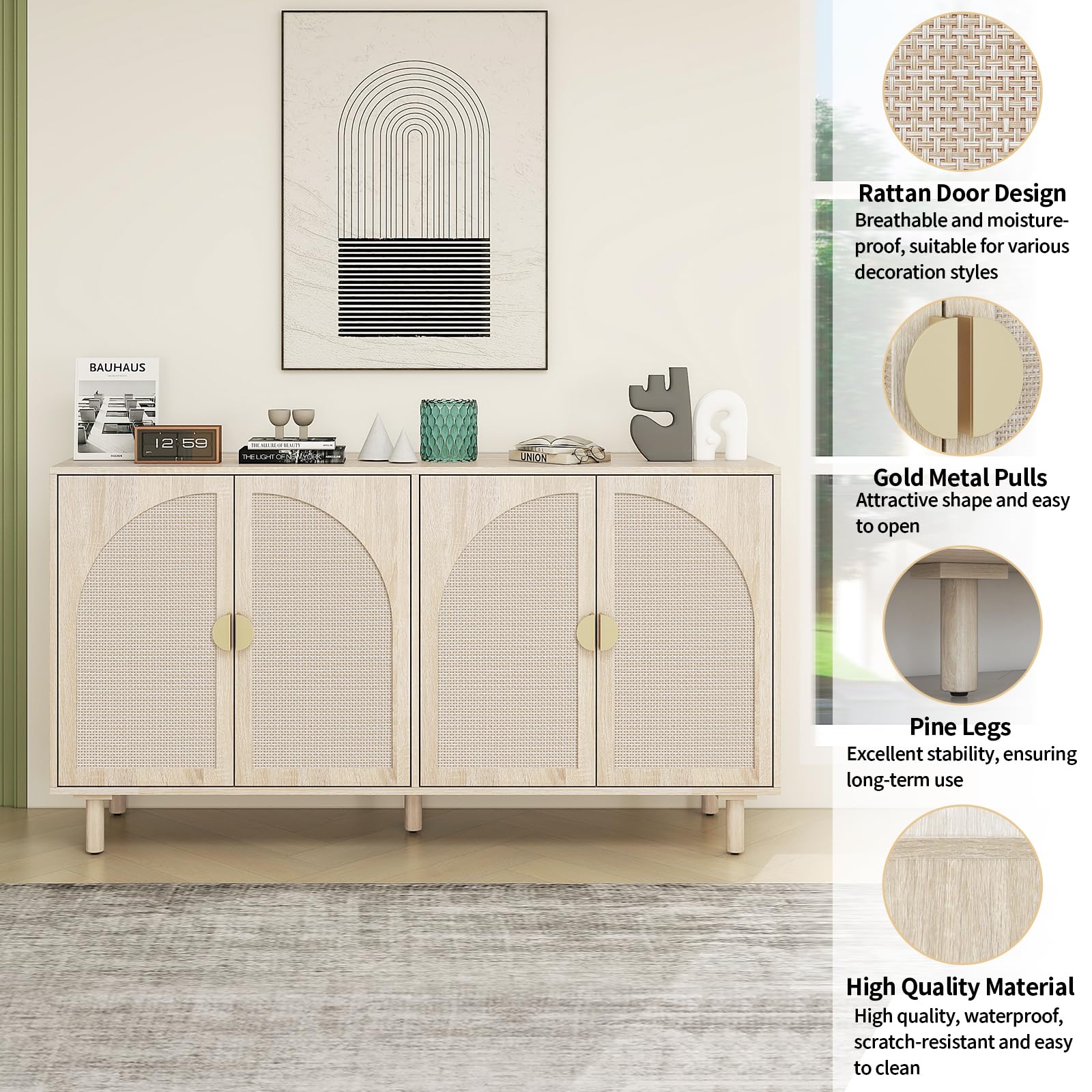 Modern Rattan Sideboard Buffet Cabinet with 4 Doors & 2 Adjustable Shelves - Boho Storage Cabinet for Living Room, Kitchen, Dining Room - Natural Woven Accent Console for Home Organization & Decor