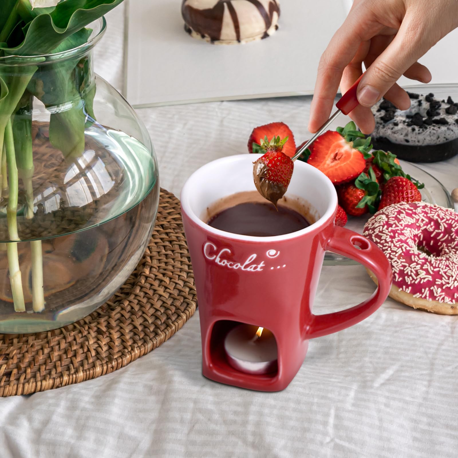 130ml Fondue Mug - Coffee Cup & Chocolate Melter Pot with Warmer for Candy, Dessert, Cooking | Perfect for Wedding, Kitchen & Party Treats (Red)