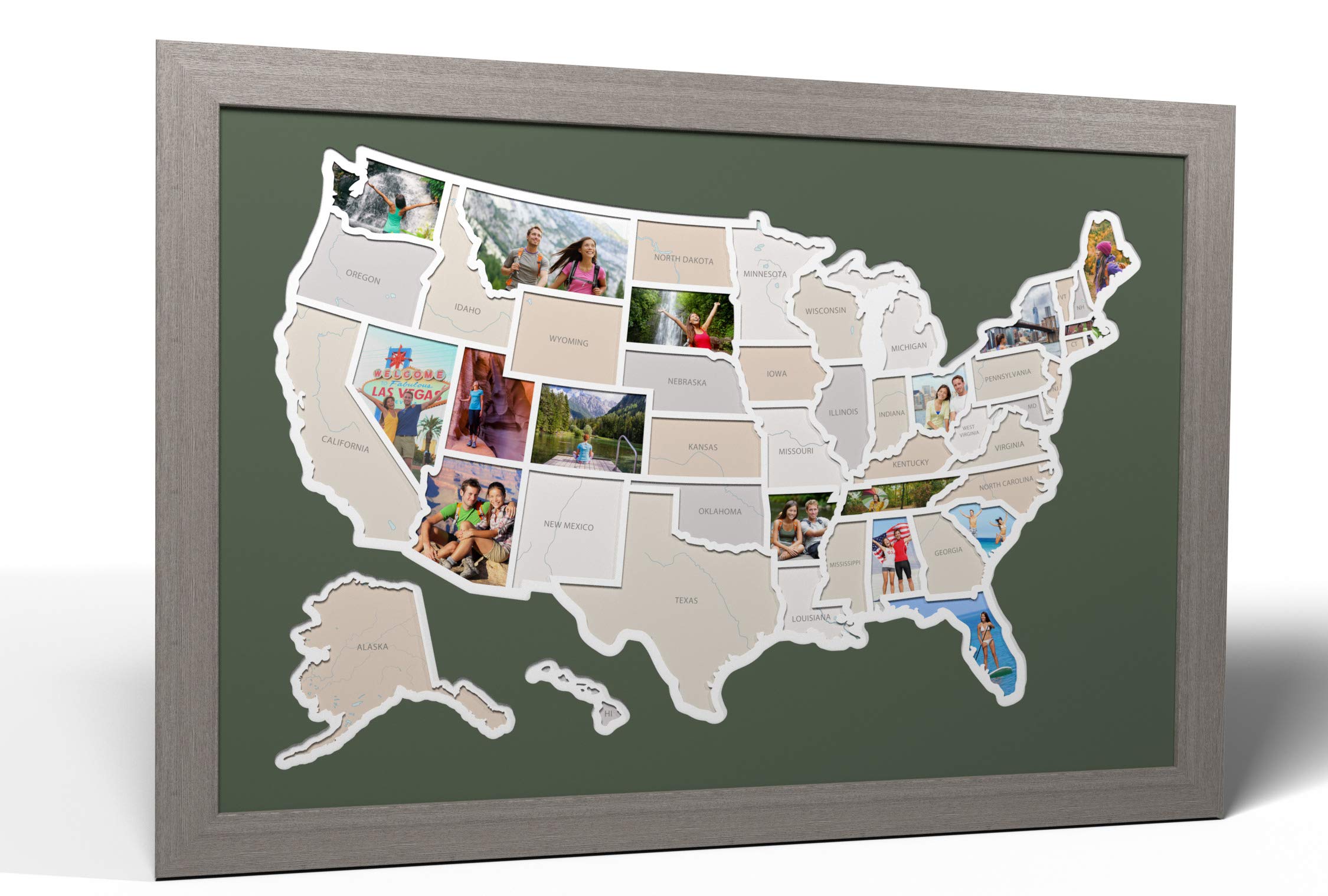 50 States USA Photo Map - Custom Framed Wall Art - Handmade in America (Zucchini Green & Grey Frame Options) - Perfect for Home Decor, Office Wall Art & Patriotic Gifts