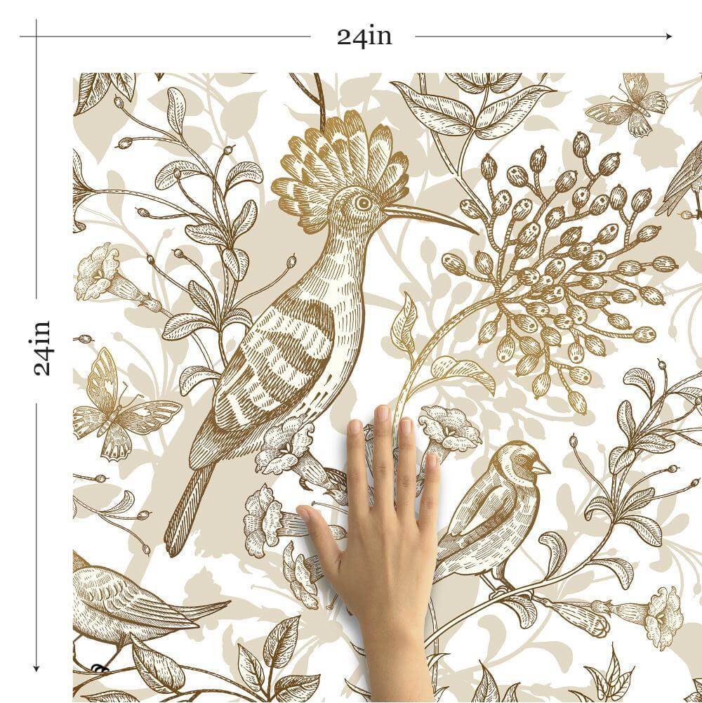 Tan Floral Animal Print Peel and Stick Removable Wallpaper - Self-Adhesive Decorative Wall Covering for Bedroom, Nursery, or Home Office