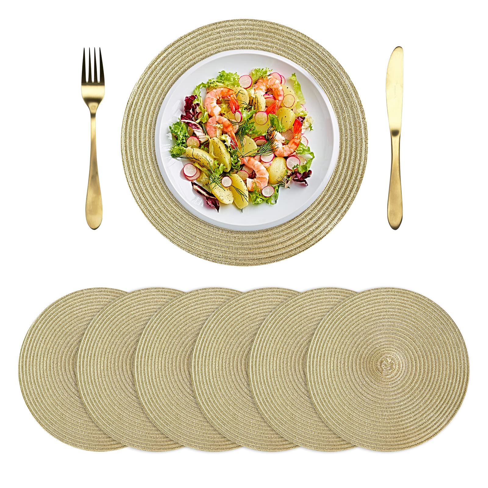6-Pack Gold Round Woven Placemats - 15 Inch Washable Table Mats for Kitchen Dining, Party & Holiday Decor (Set of 6)