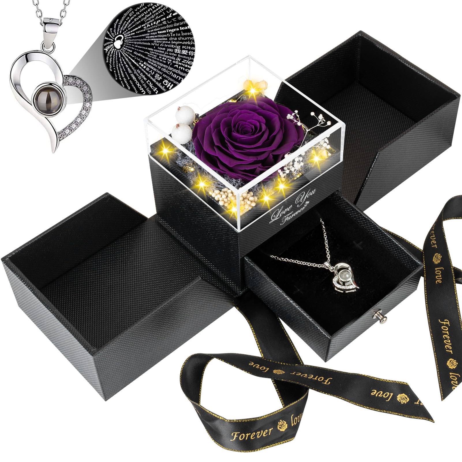 Preserved Purple Real Rose with 'I Love You' Necklace - Eternal Flower Gift for Mom, Grandma, Wife, Girlfriend | Romantic Anniversary, Birthday, Christmas Present for Her | Perfect for Valentine's Day, Weddings & Special Occasions