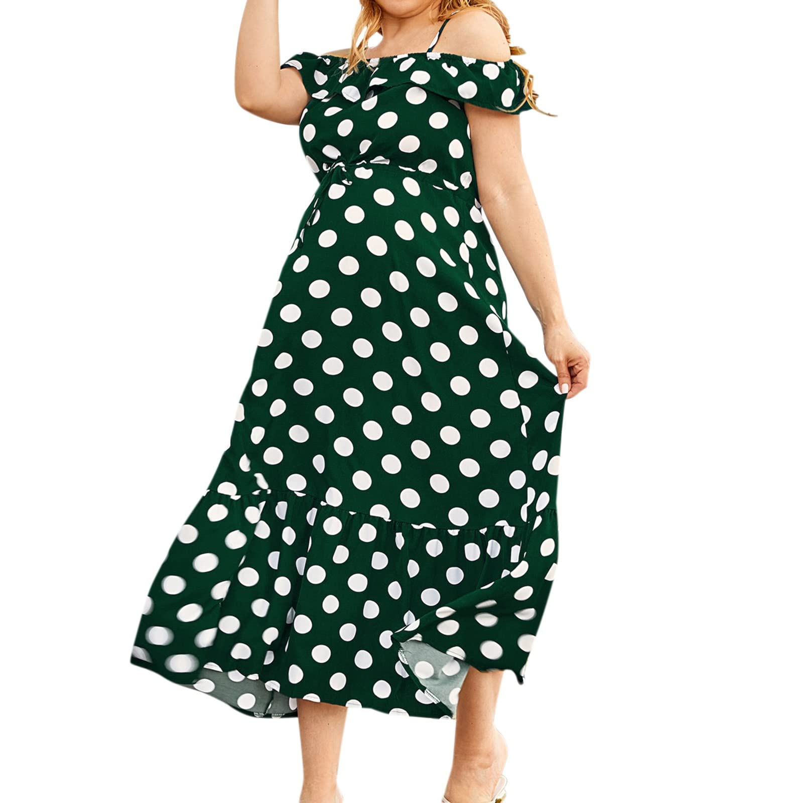 Twoker Women's Casual Polka Dot Green Adjustable Long Slip Dress - Perfect for Beach Vacation, Summer Outings & Boho Style Fashion