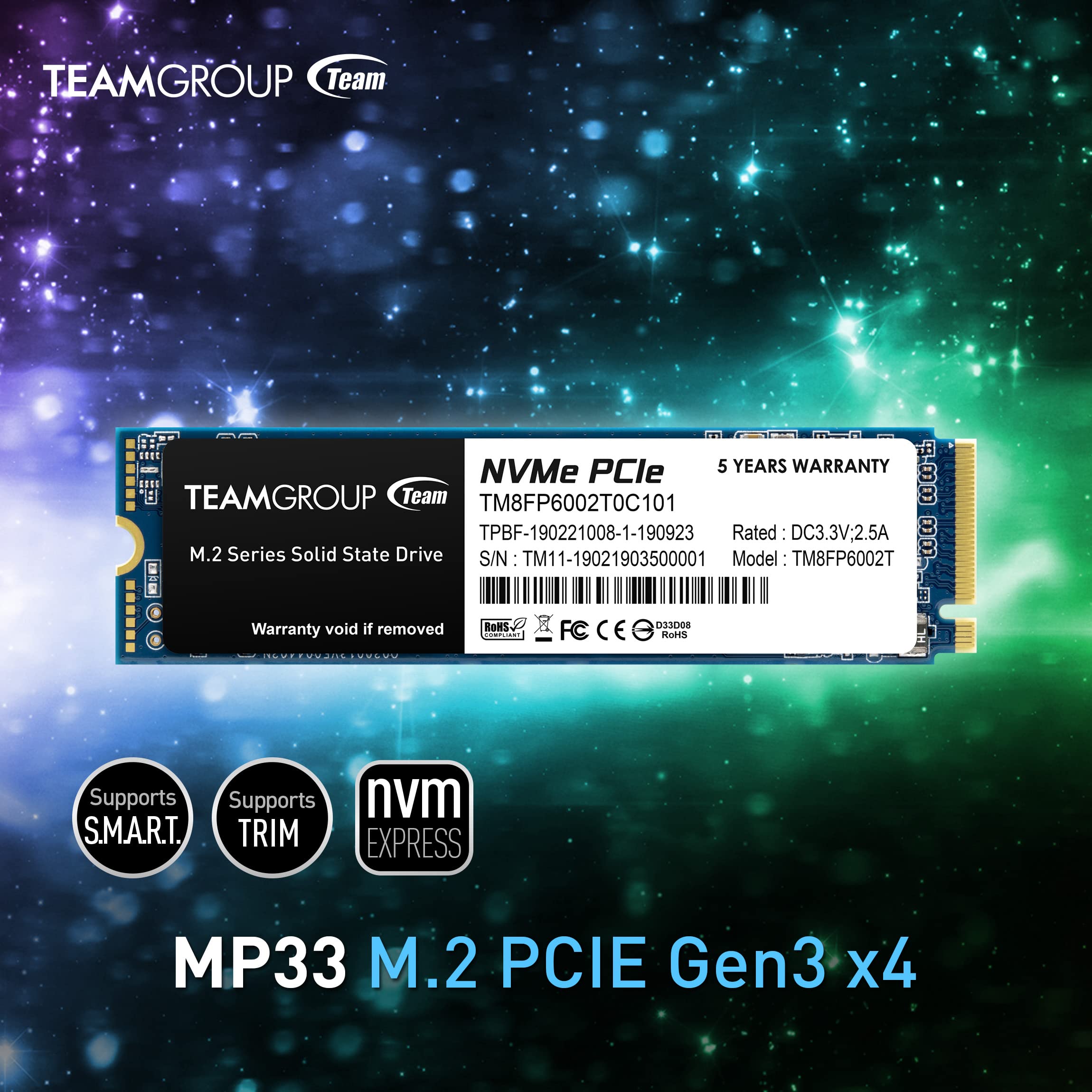 TEAMGROUP MP33 2TB SLC Cache 3D NAND TLC NVMe 1.3 PCIe Gen3x4 M.2 2280 Internal SSD - Up to 1,800/1,500MB/s Read/Write Speed - Compatible with Laptop & Desktop PC - Ideal for Gaming, Video Editing & Fast Boot Times