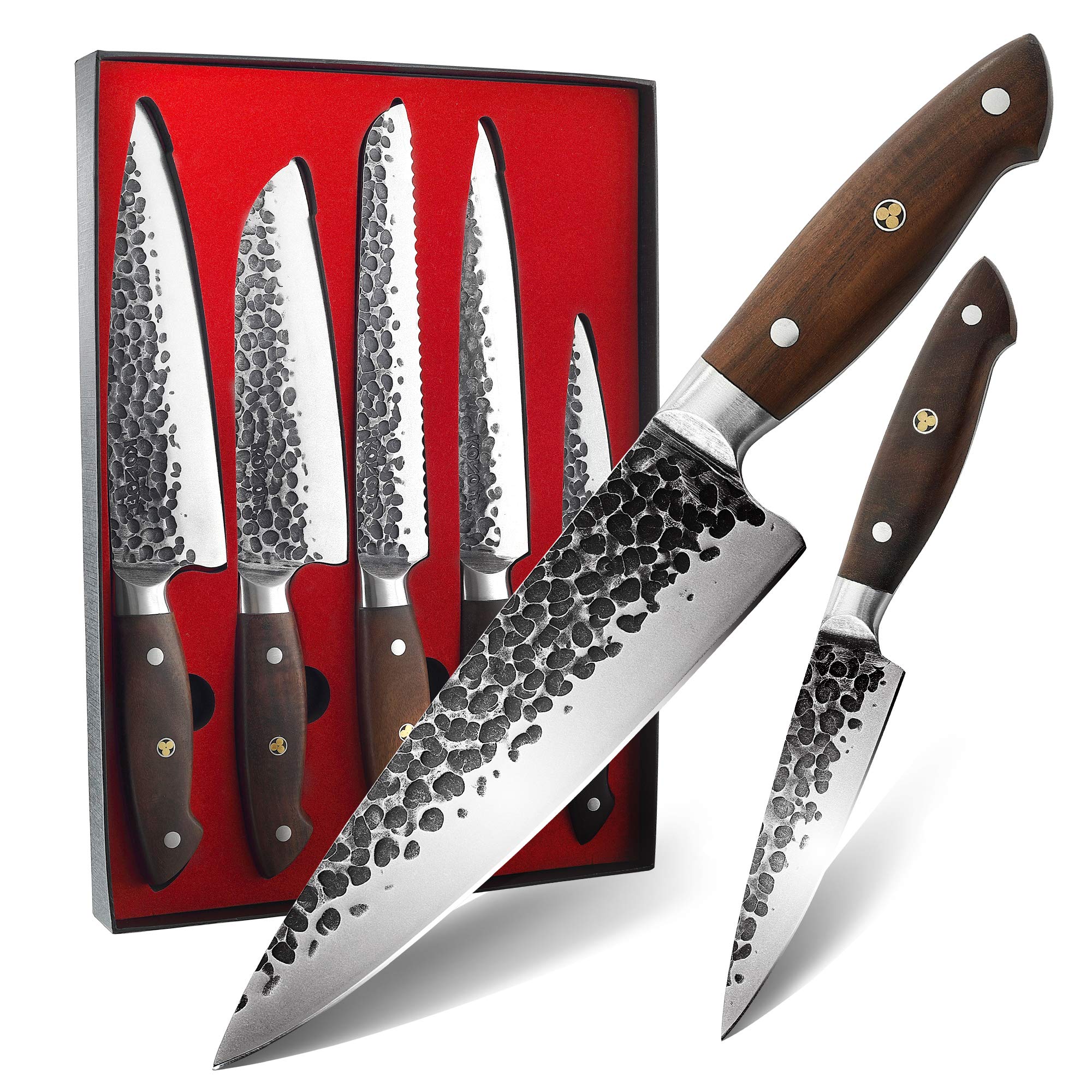 Premium KONOLL 5-Piece Kitchen Knife Set - German High Carbon Steel Forged Chef Knives with Wood Handle & Gift Box - Ultra Sharp Professional Knives for Cooking, Slicing, Chopping - Perfect for Home Chefs & Culinary Enthusiasts