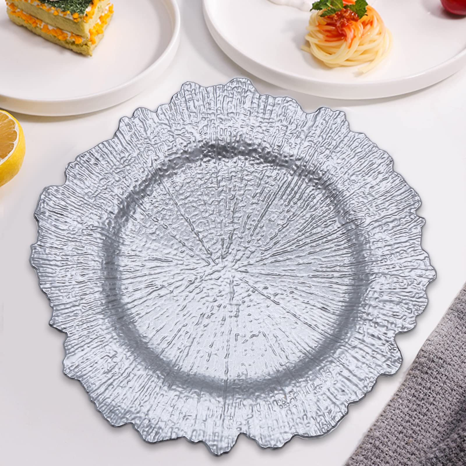 Silver Reef Charger Plates 13 Inch - Set of 10 Plastic Floral Decorative Dinner Plates for Wedding, Party, Event & Home Decor - Elegant Table Setting for Formal Dinners, Bridal Showers & Holiday Celebrations