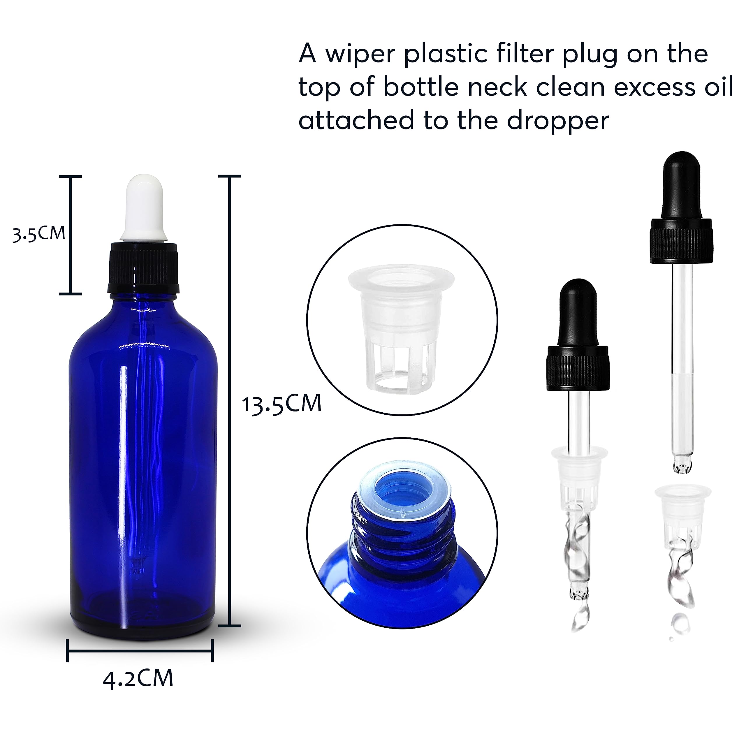 NSB Herbals 100ml Cobalt Blue Empty Glass Bottle with Dropper - Leak Proof Refillable Essential Oil Bottles for Aromatherapy, Perfumes & Face Oils - Includes Glass Dropper, Black Ring & White Silicone Teat (Pack of 3) - Perfect for DIY Blends, Travel & Home Spa Use