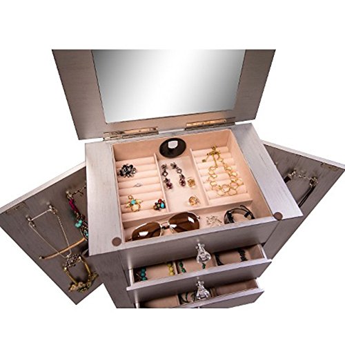 Modern Silver Jewelry Armoire with Divided Drawers & Necklace Hooks - French-Inspired Jewelry Organizer with Anti-Tarnish Felt Lining - Perfect for Bedroom, Closet & Vanity Storage